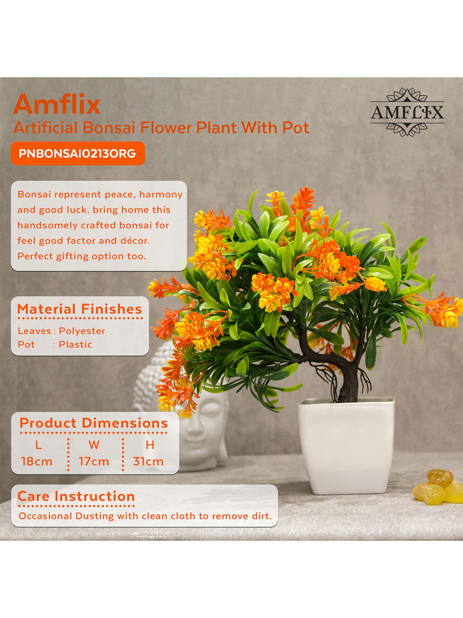Amflix Orange Artificial Bonsai Flower Plant With Pot