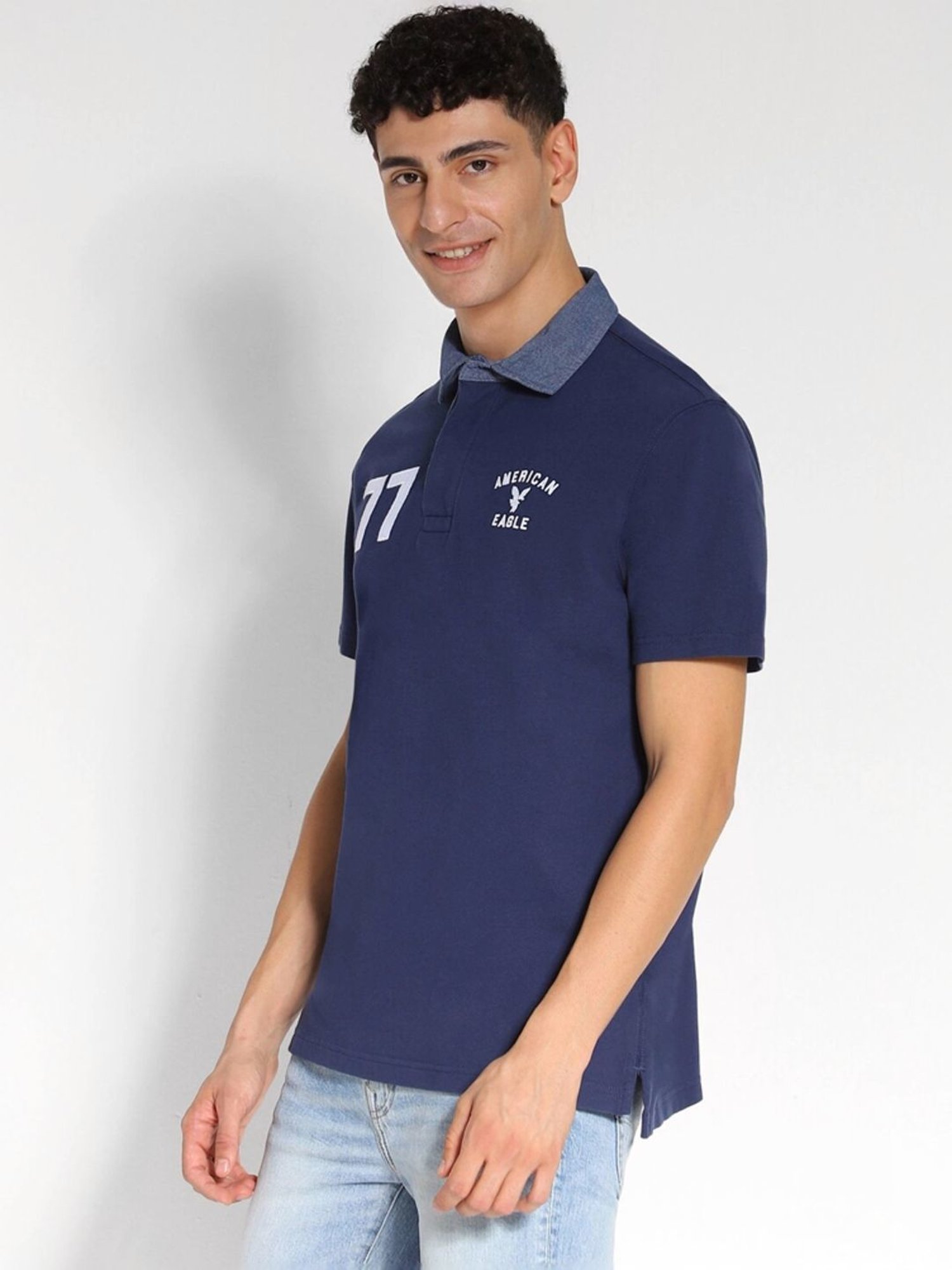 American Eagle Navy Cotton Regular Fit Printed T-Shirt