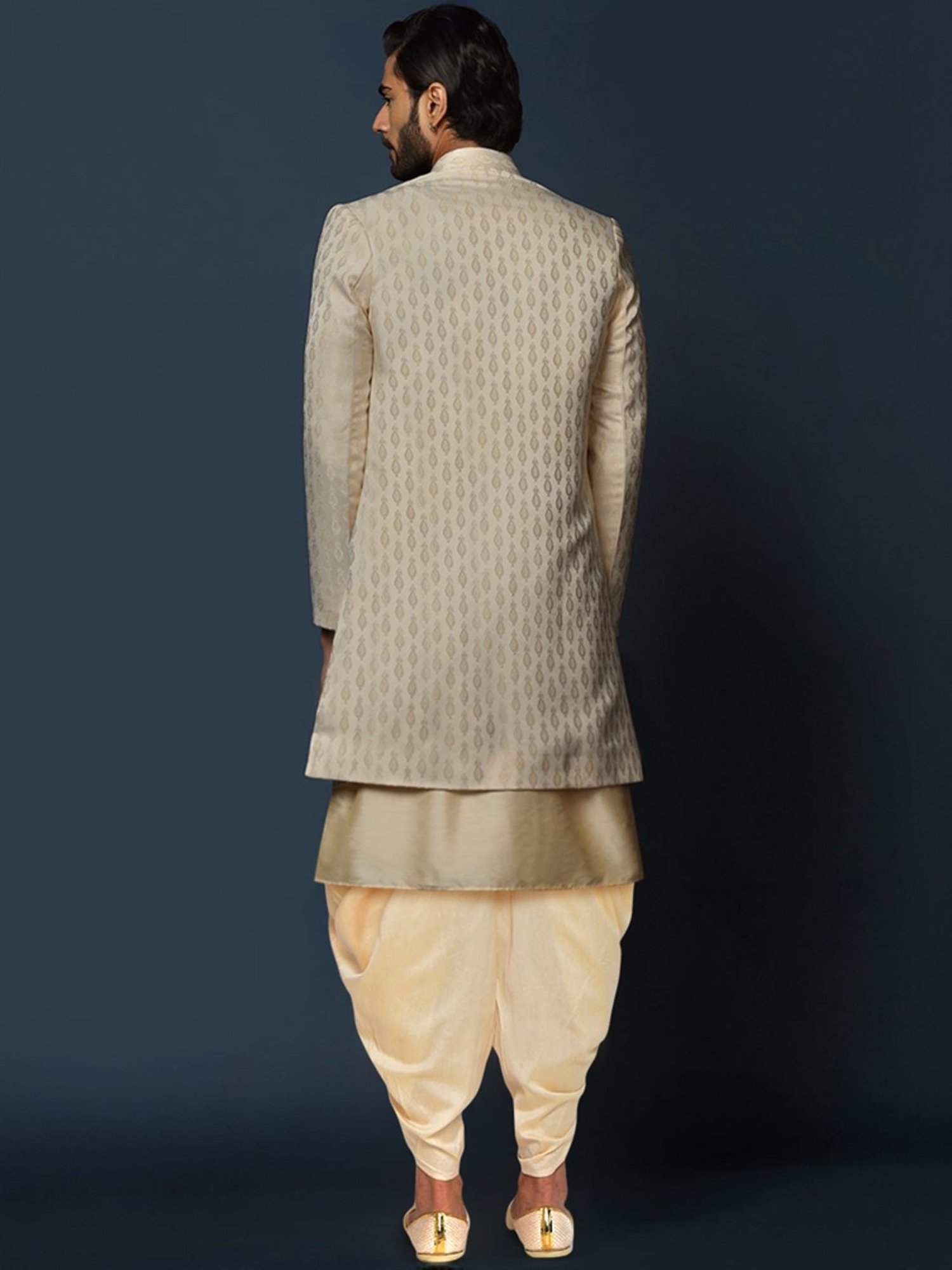 Kisah Beige Regular Fit Jacquard Sherwani Set