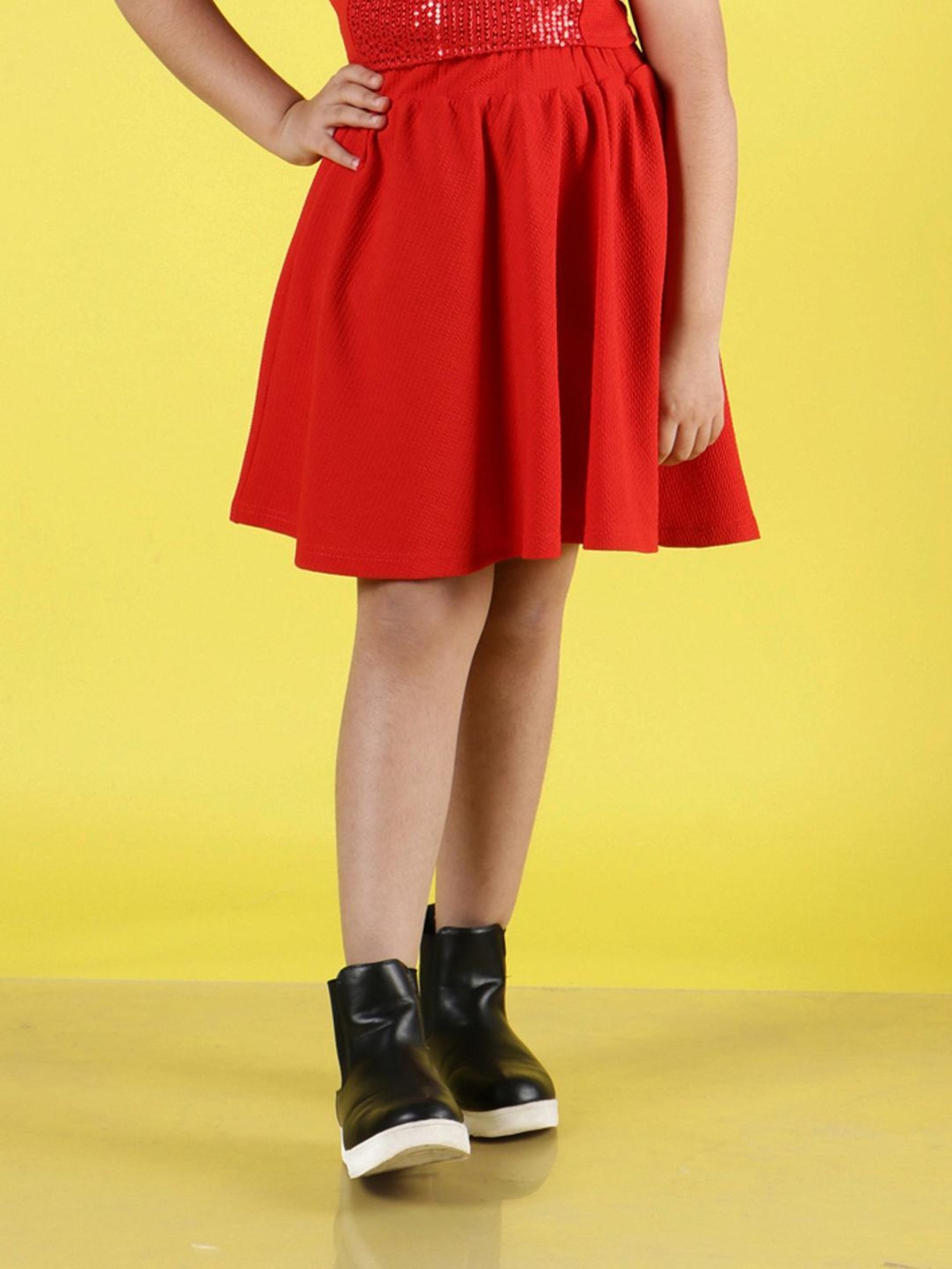 NEUDIS Kids Red Embellished Full Sleeves Top with Skirt