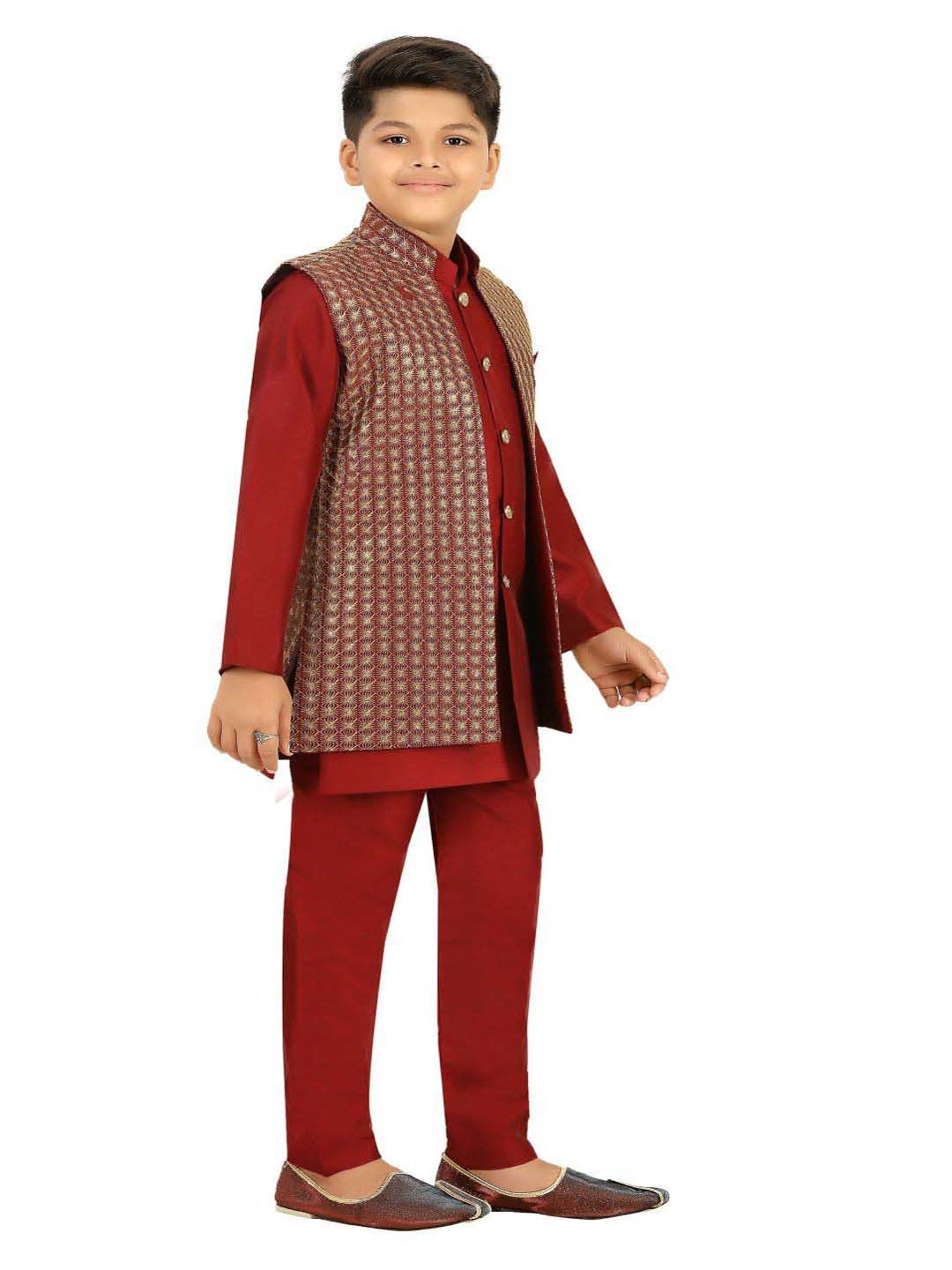 Ahhaaaa Kids Maroon Embellished Full Sleeves Kurta Set