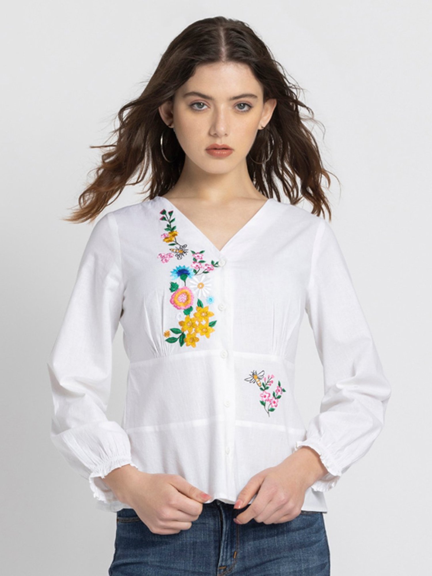 SHAYE White Cotton Embroidered Top