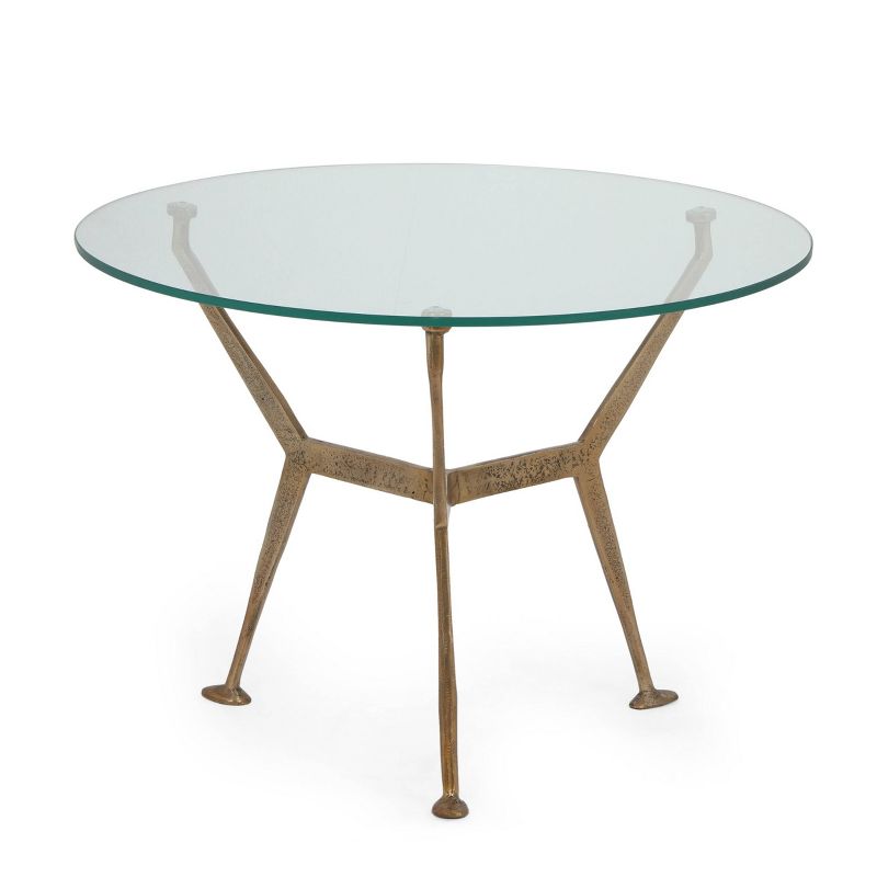 Shaffer Modern Glam Handcrafted Glass Top Aluminum Tripod Coffee Table Raw Brass - Christopher Knight Home