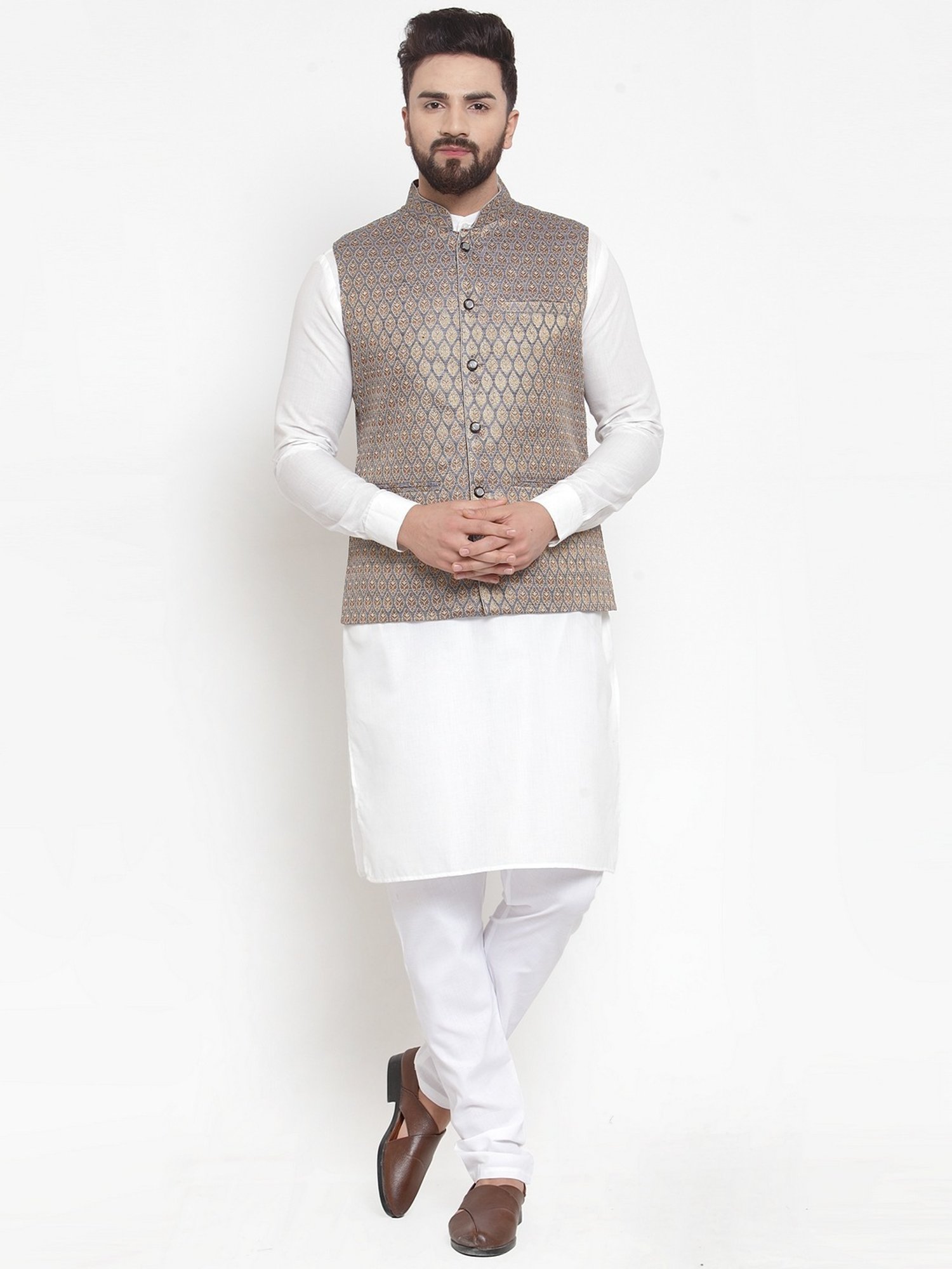 Treemoda Blue Golden Regular Fit Self Pattern Nehru Jacket