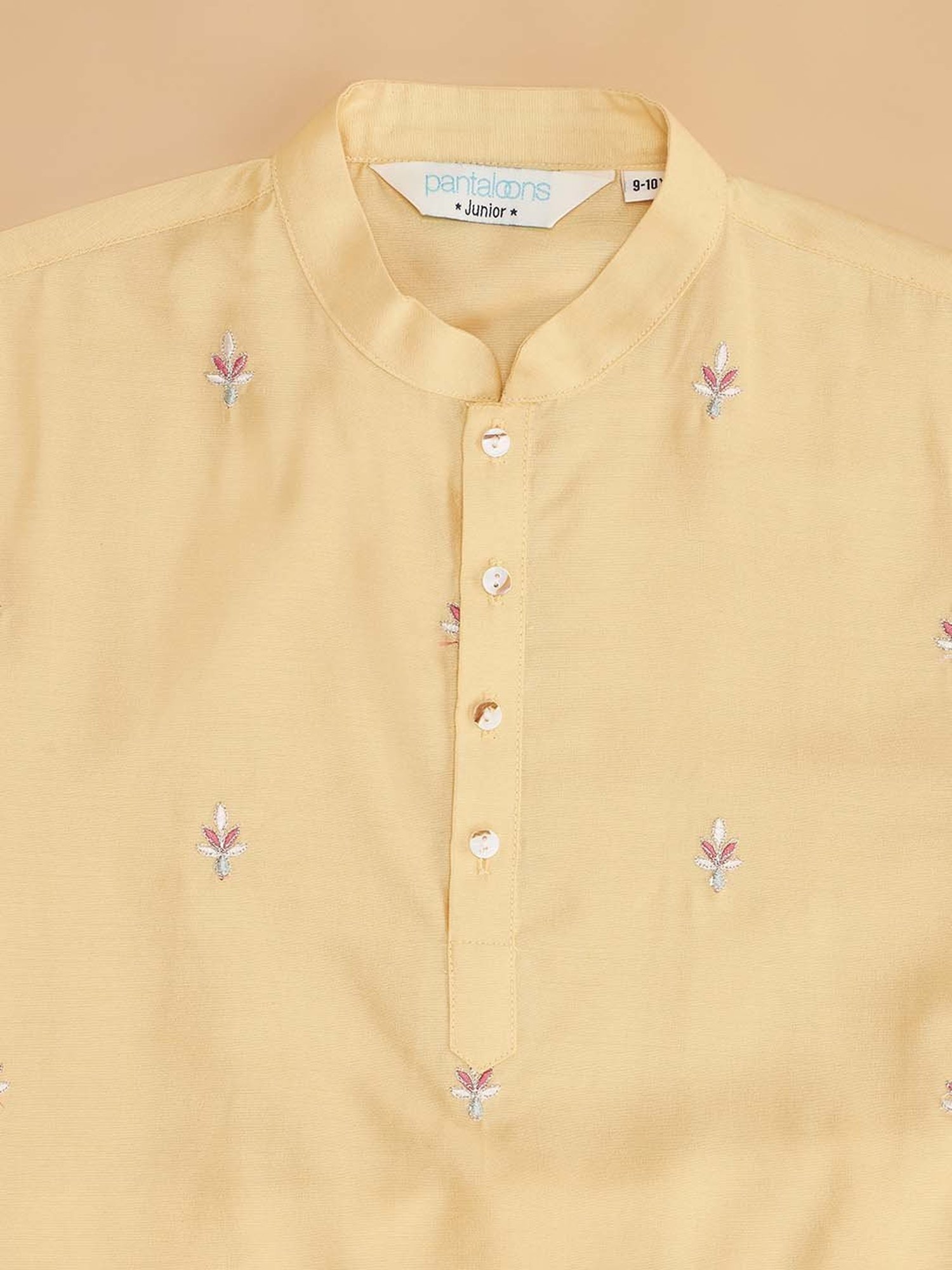 Indus Route by Pantaloons Kids Honey Mustard & White Embroidered Full Sleeves Kurta Set
