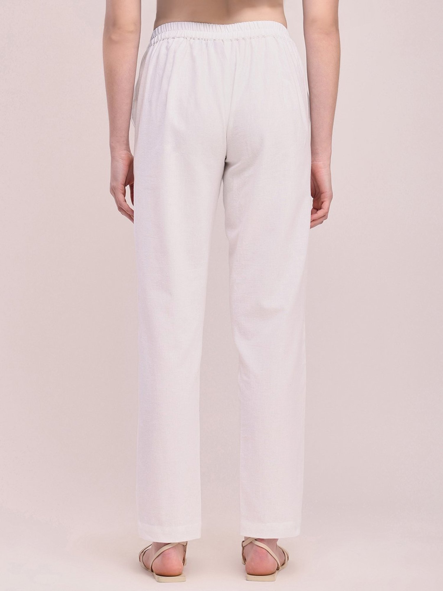 Pink Fort White Cotton Relaxed Fit Pants