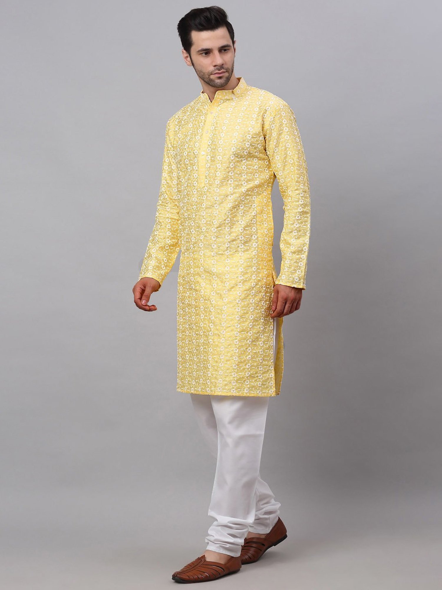 Jompers Yellow Cotton Regular Fit Embroidered Kurta Set
