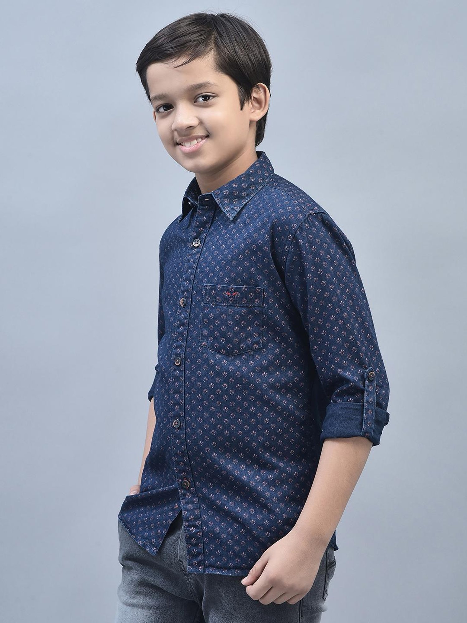 Crimsoune Club Kids Navy Floral Print Full Sleeves Shirt