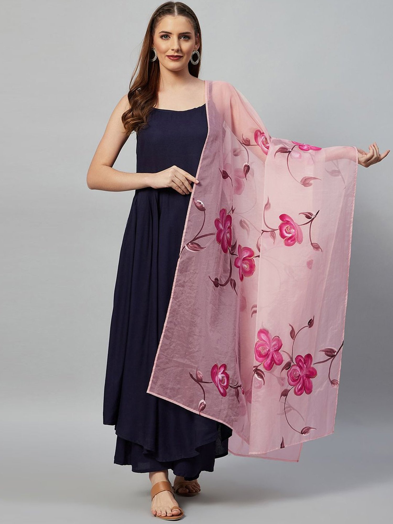 Inweave Pink Floral Print Dupatta