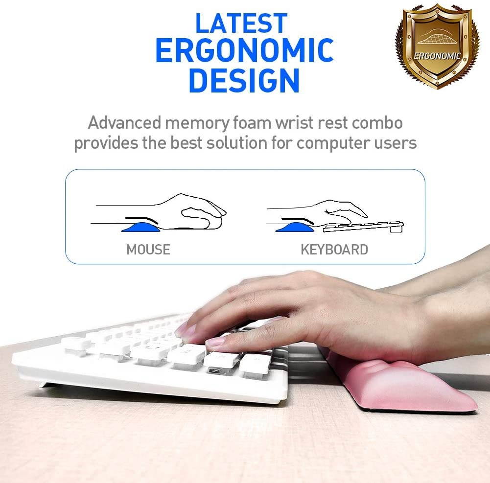 BUBM Keyboard Wrist Rest Mouse Wrist Pad Arm Support with Massage Holes Design, Ergonomic Memory Foam Hand Palm Rest, Comfortable Wrist Cushion & Easy-Tying for PC Gaming, Office, Computer(Pink Set)