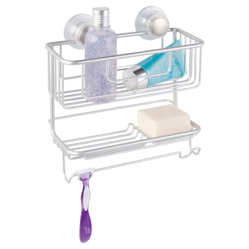 Two Tier Rustproof Aluminum Suction Bathroom Shower Combo Basket Silver - iDESIGN