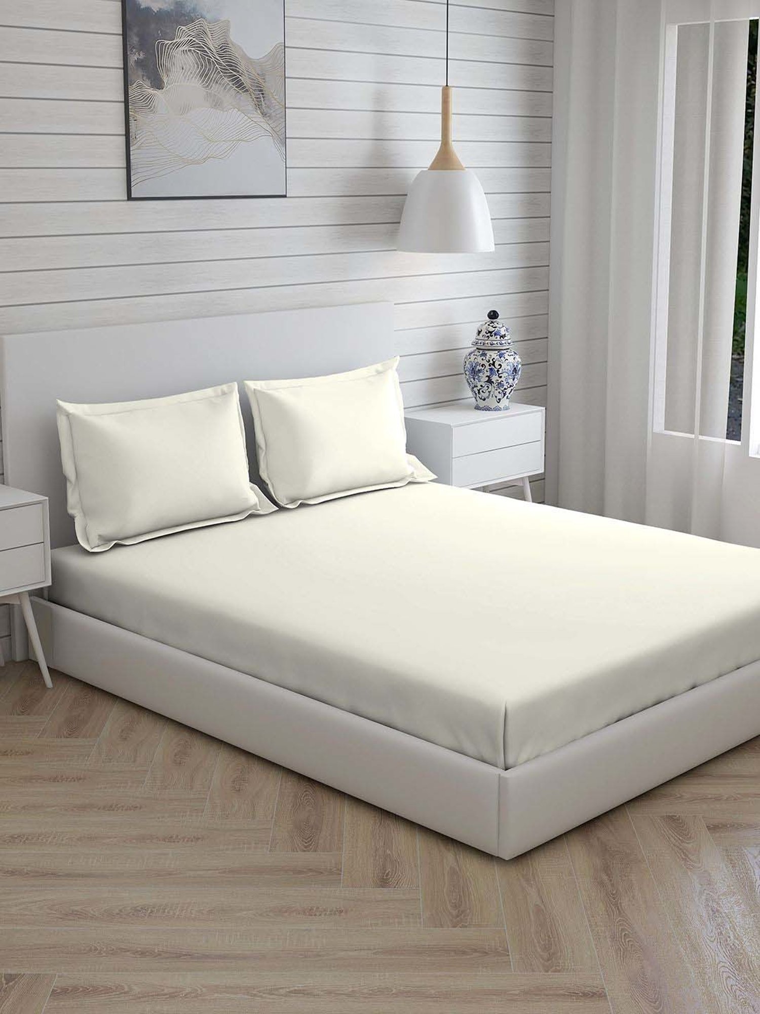 Boutique Living Kalpavriksha White Bamboo Cotton 300 TC King Size Bed Sheet with Pillow Cover