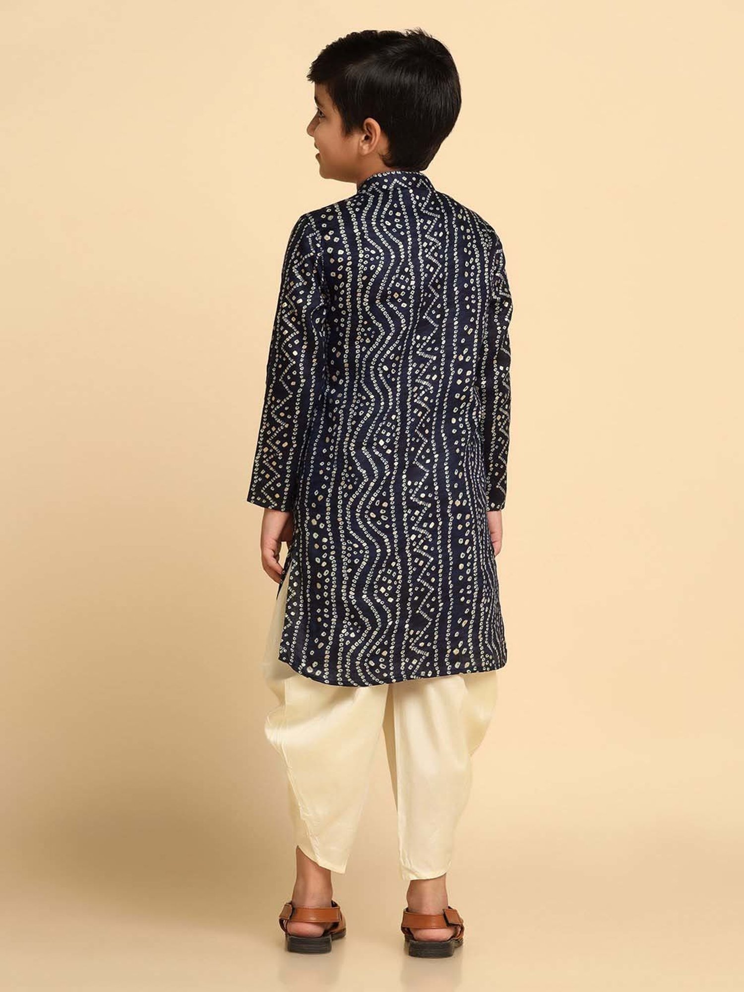 KISAH Kids Navy & White Cotton Printed Full Sleeves Kurta Set