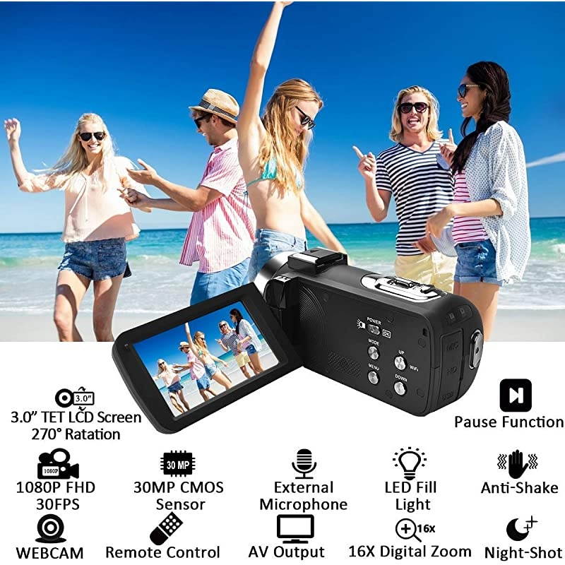 27K Video Camera Camcorder Vlogging Camera WiFi IR Night Vision 1080P Camcorder with 16X Zoom 2 Rechargeable Batteries 30FPS 24MP 30 Inch Touch Screen Easy Operation with Remote