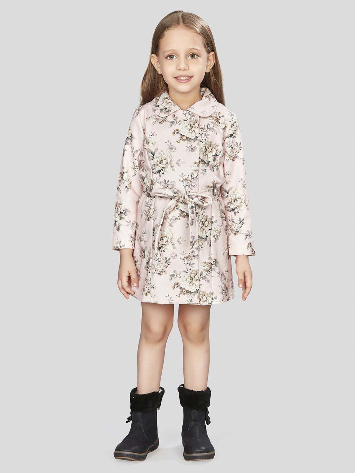 Peppermint Girls Peach Floral Full Sleeves Dress