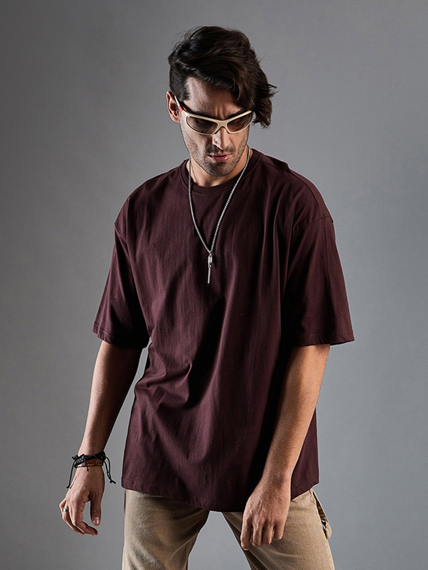 CHIMPAAANZEE Coffee Brown Loose Fit Oversized Crew T-Shirt