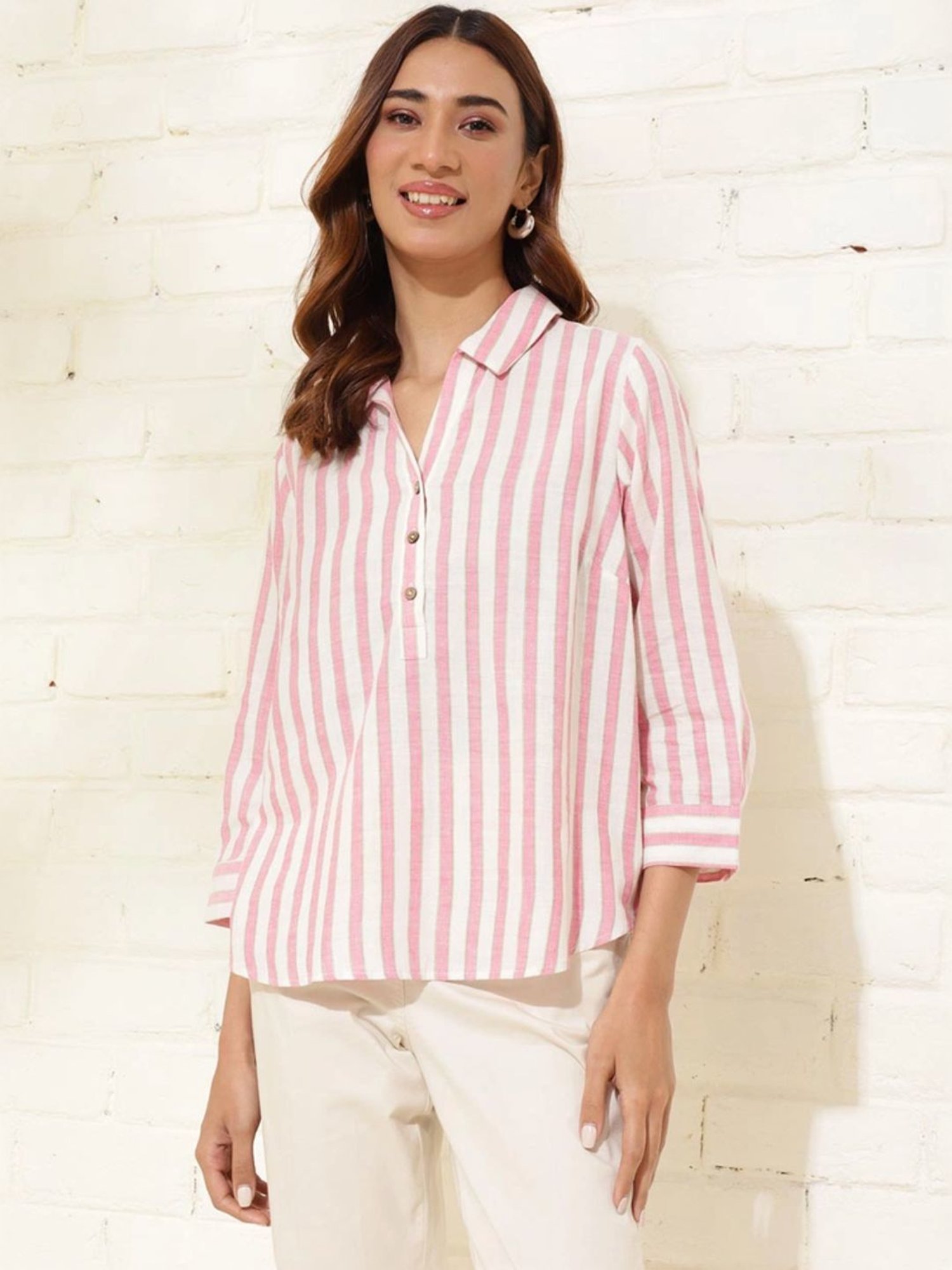 Fabindia White & Pink Cotton Striped Top