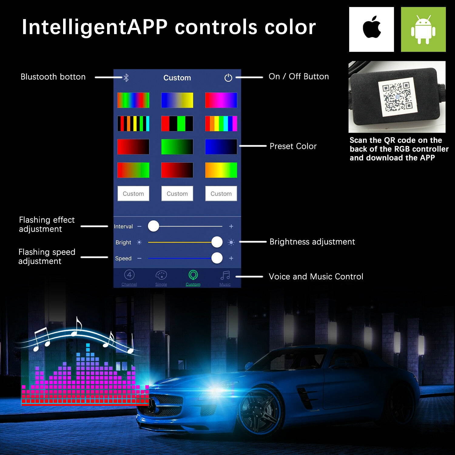 RGB LED Headlight Bulb Conversion Light kit APP Bluetooth Control 9003
