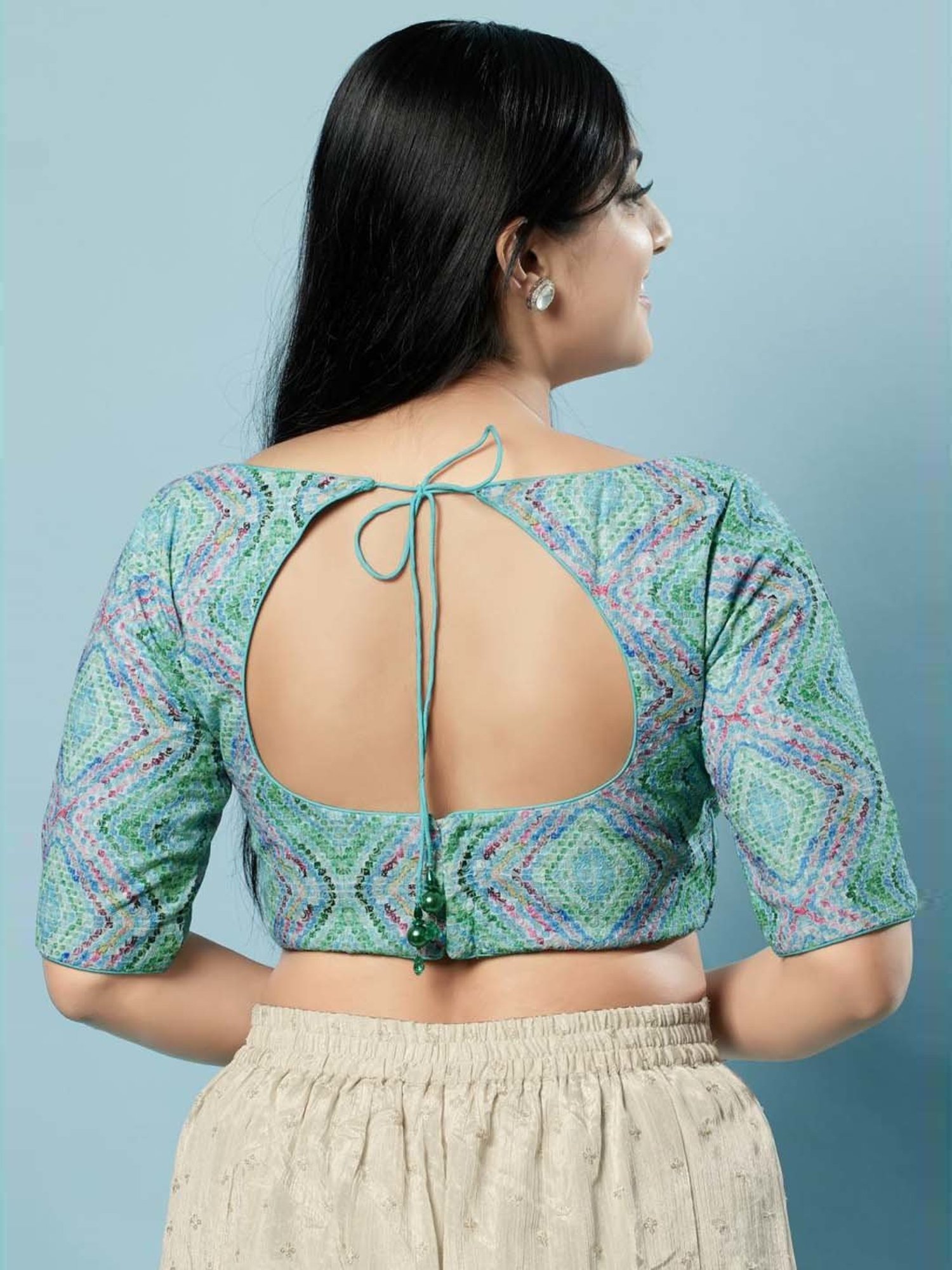 Salwar Studio Aqua Blue Embroidered Half Sleeves Readymade Blouse