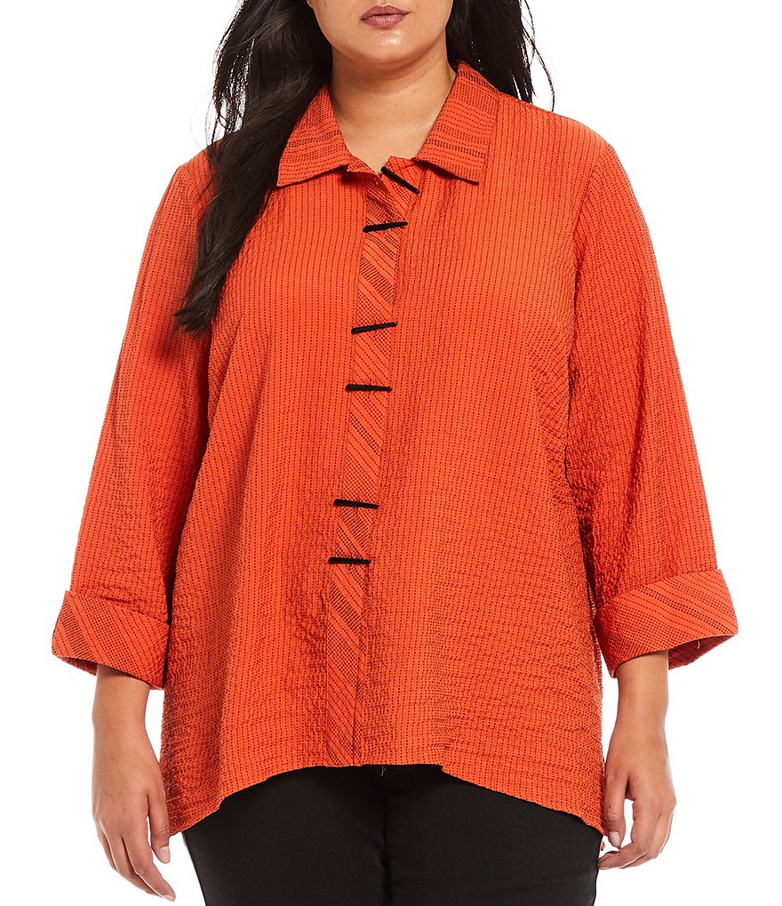 Ali Miles Plus Size Crinkle Stripe Button Front Point Collar Neck French Cuff 3/4 Sleeve Tunic