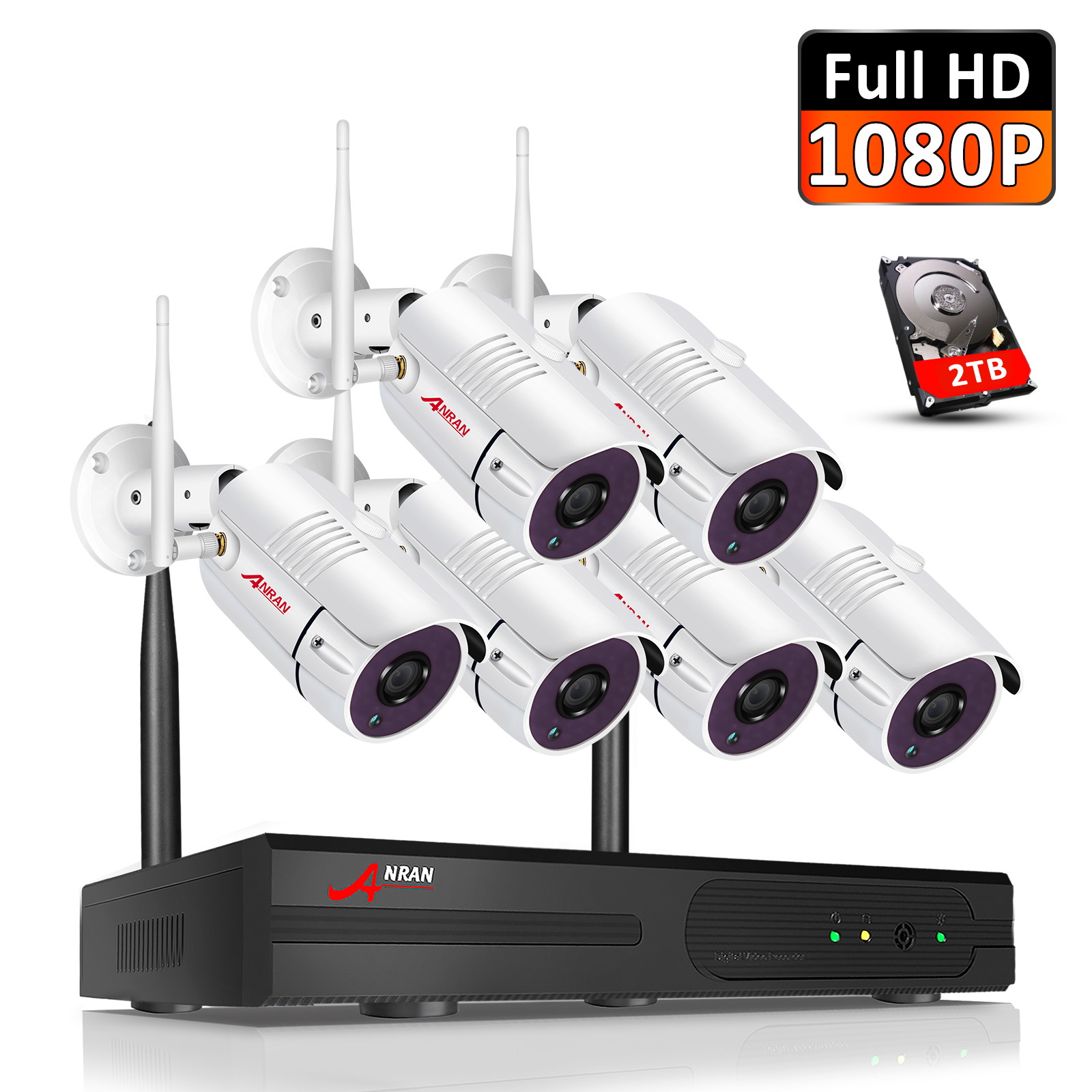 1080P Wireless Security Camera System,ANARN 8CH Wireless NVR System with 6pcs 1080P HD Security Camera and 2TB Hard Drive Pre-Installed,P2P Wireless Security System for Indoor and Outdoor Use