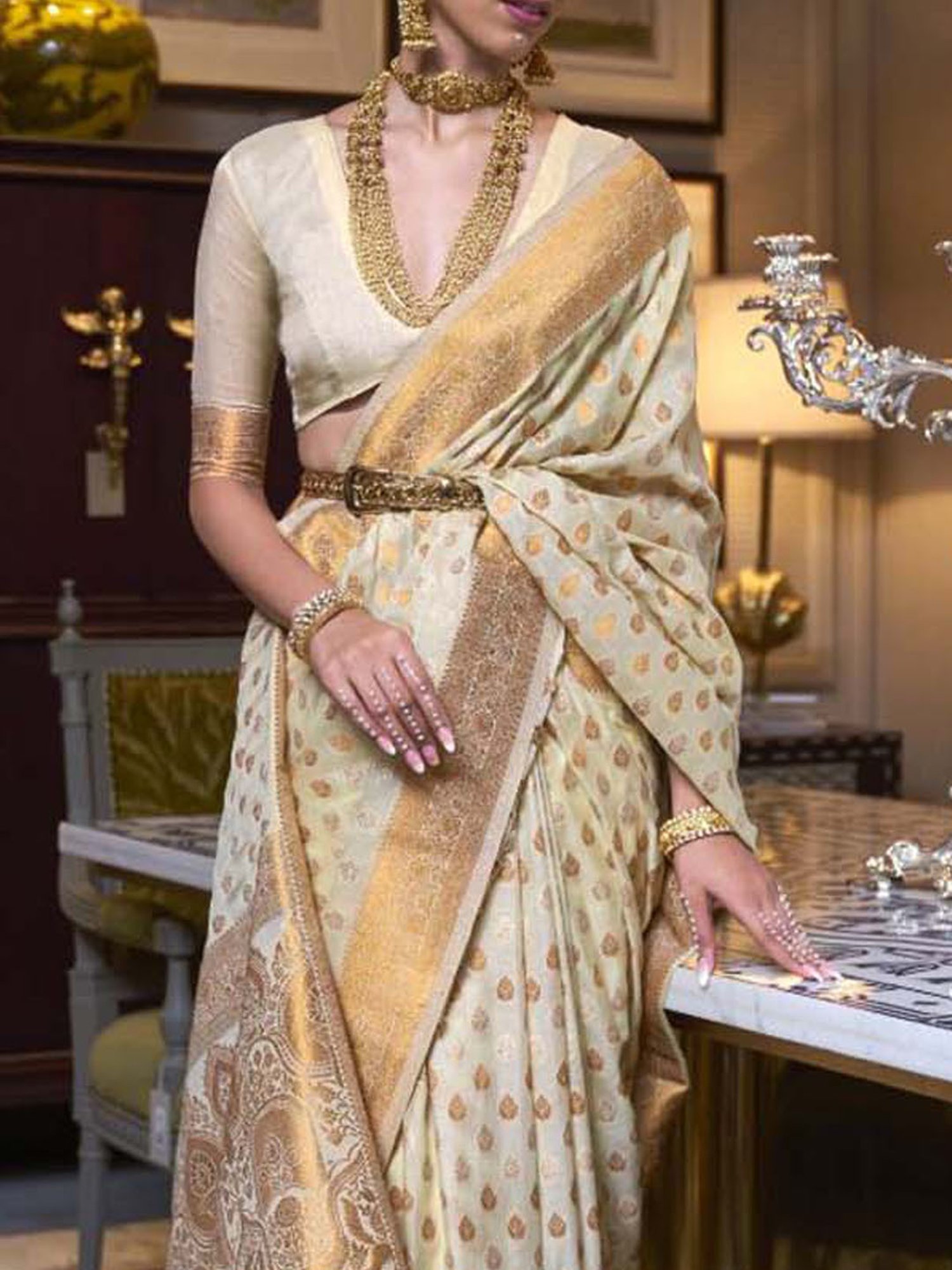 Elora Beige Woven Saree With Unstitched Blouse
