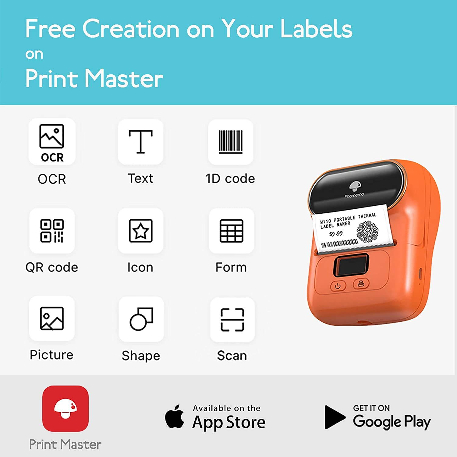 M110 Wireless Thermal Label Printer Portable Bluetooth Label Maker Machine Barcode Printer for iPhone and Android Phones