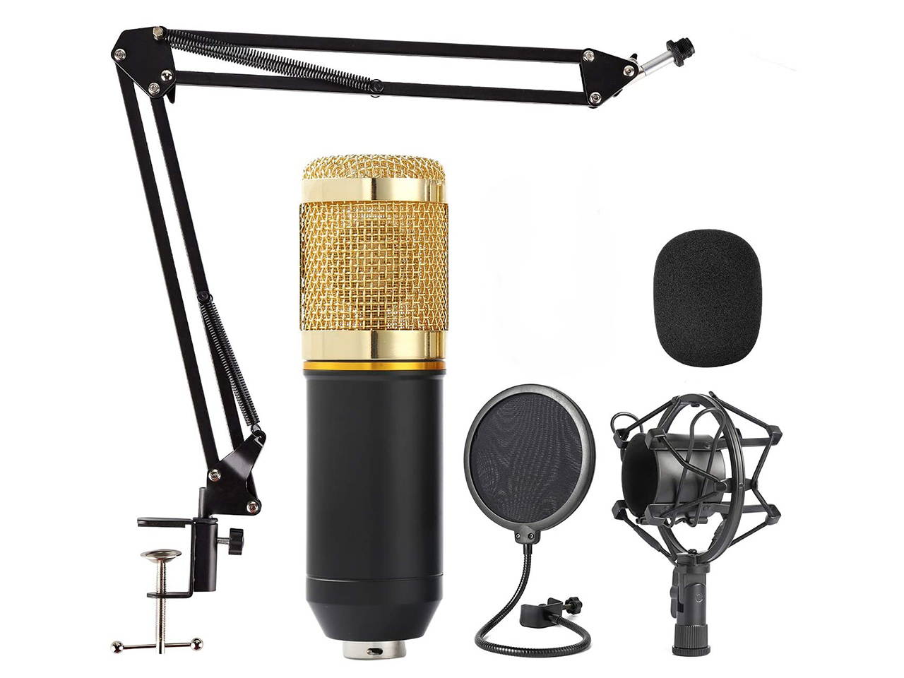Condenser Microphone
Uni-Directional Condenser Microphone Adjustable Mic Suspension Scissor Arm, Metal Shock Mount and Double-Layer Pop Filter for Studio Recording & Broadcasting (Gold)