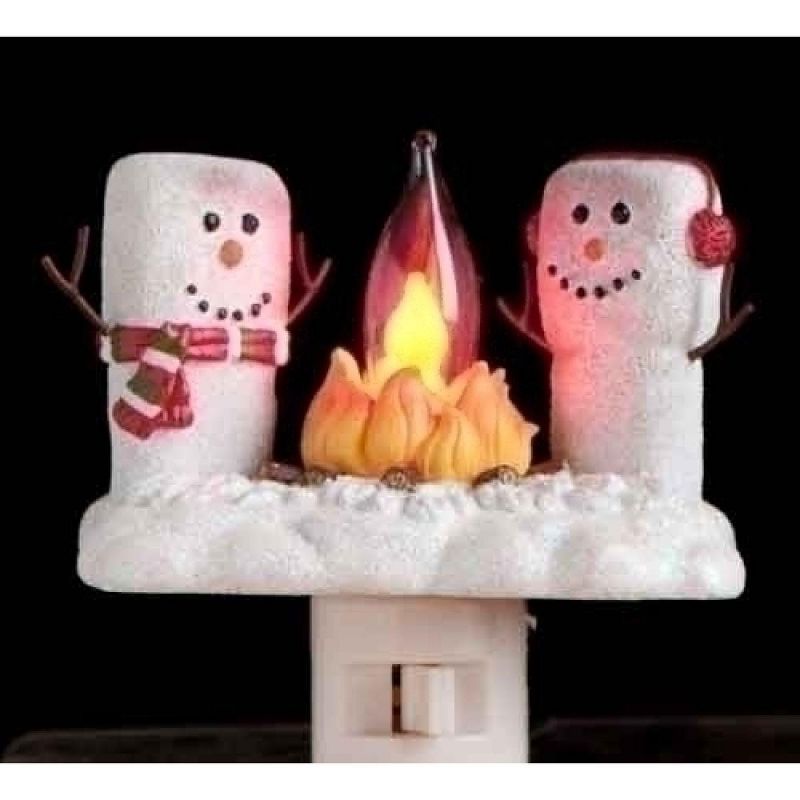 Roman 4.5" Marshmallow Snowmen at a Campfire Festive Christmas Night Light - White