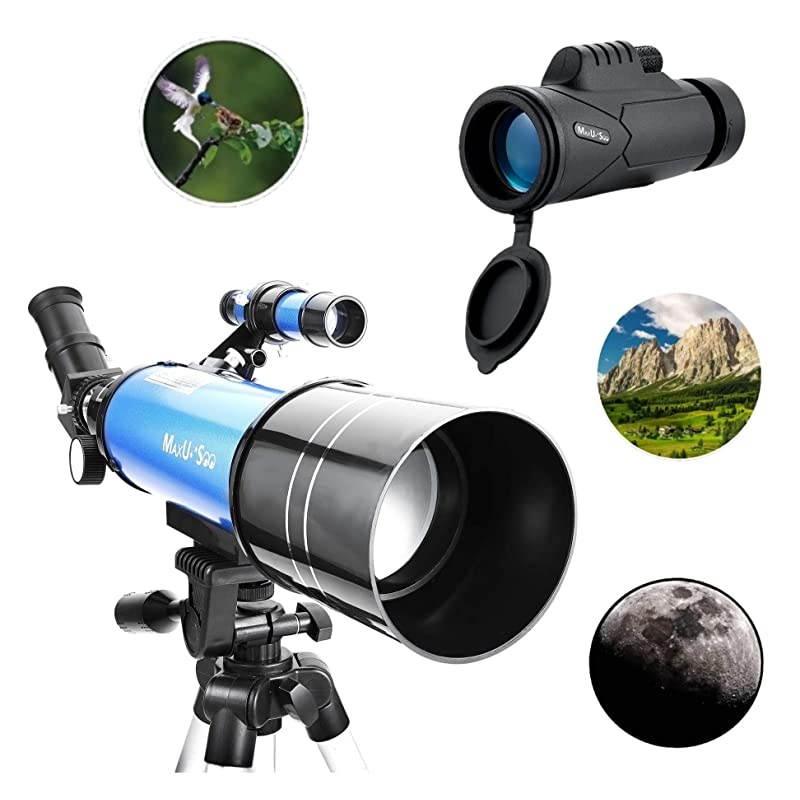 70mm Refractor Telescope with Adjustable Tripod for Kids Adults amp Beginners + Portable 10X42 HD Monocular Bak4 Prism FMC Lens Travel Scope with Backpack and Phone Adapter