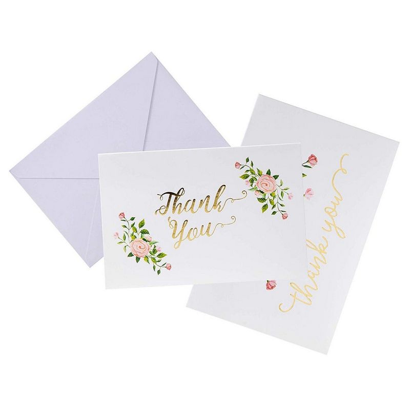 48 Pcs Thank You Cards w/Envelope, Gold Foil Elegant Rose Flower Designs, 4"x6"