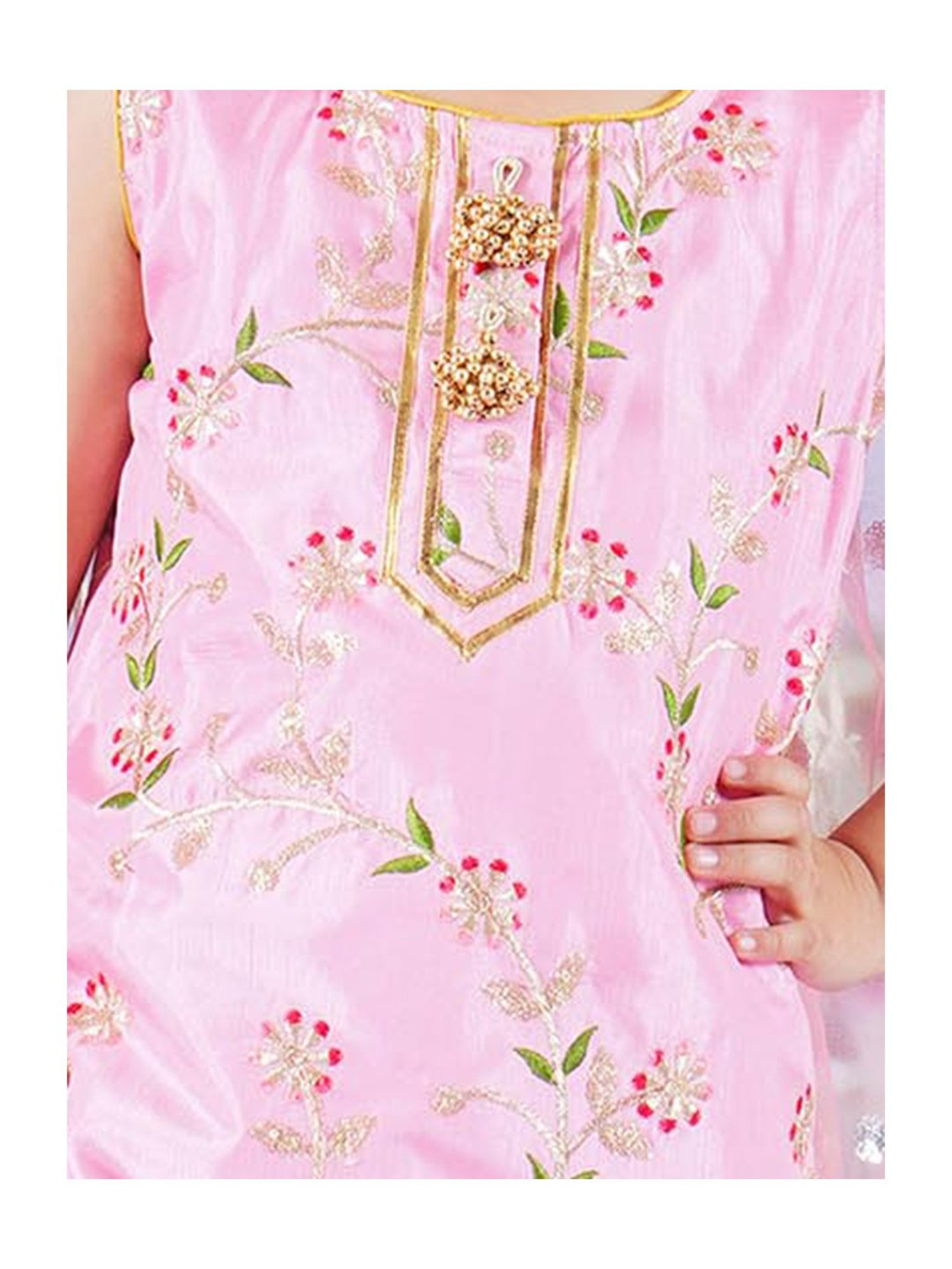 Little Bansi Kids Pink & Coral Embroidered Kurta, Gharara with Dupatta