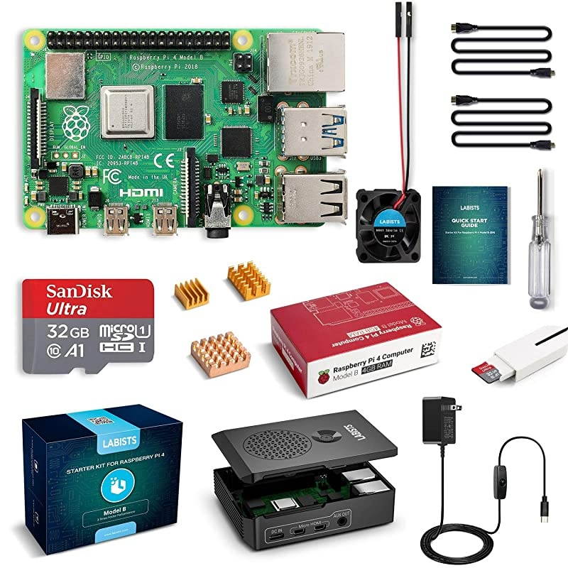 Raspberry Pi 4 4GB Starter Kit with 32GB Micro SD Card Preloaded Raspberry Pi OS Raspbian Black Case Heatsinks Fan Micro HDMI Cable x 2 SD Card Reader 4GB RAM
