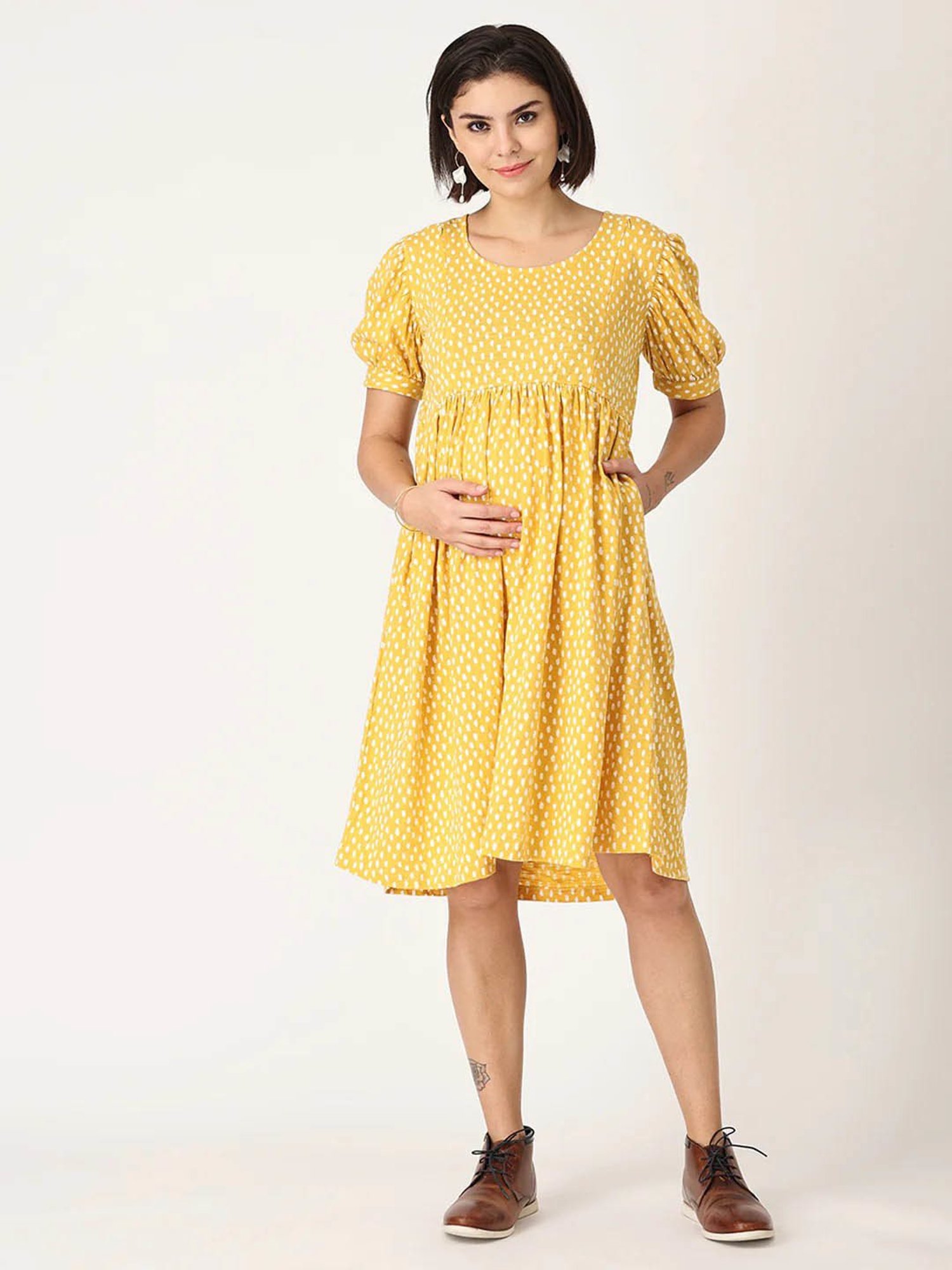 The Mom Store Yellow & White Cotton Printed Maternity & Nursing Dress