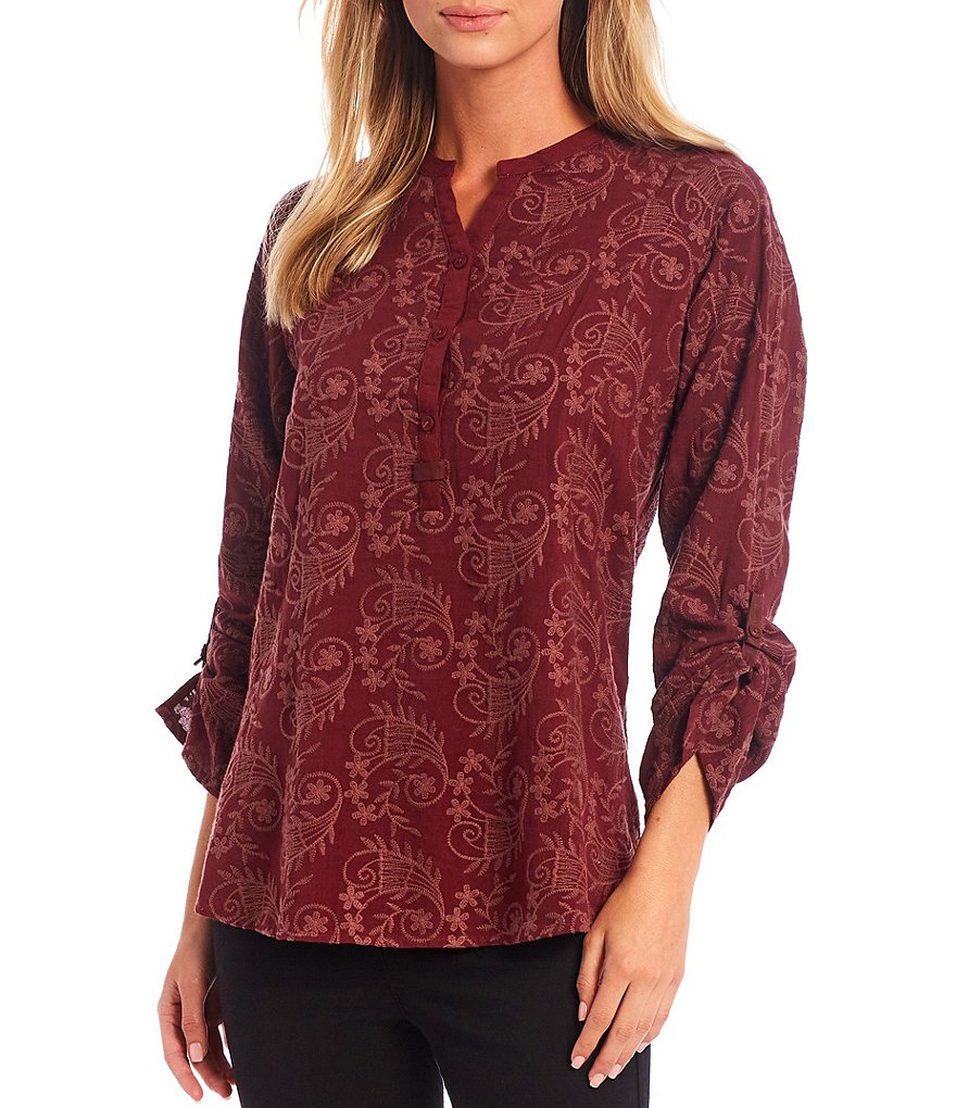 Tru Luxe Jeans Long Roll Tab Sleeve Tonal Embroidered Henley Tunic