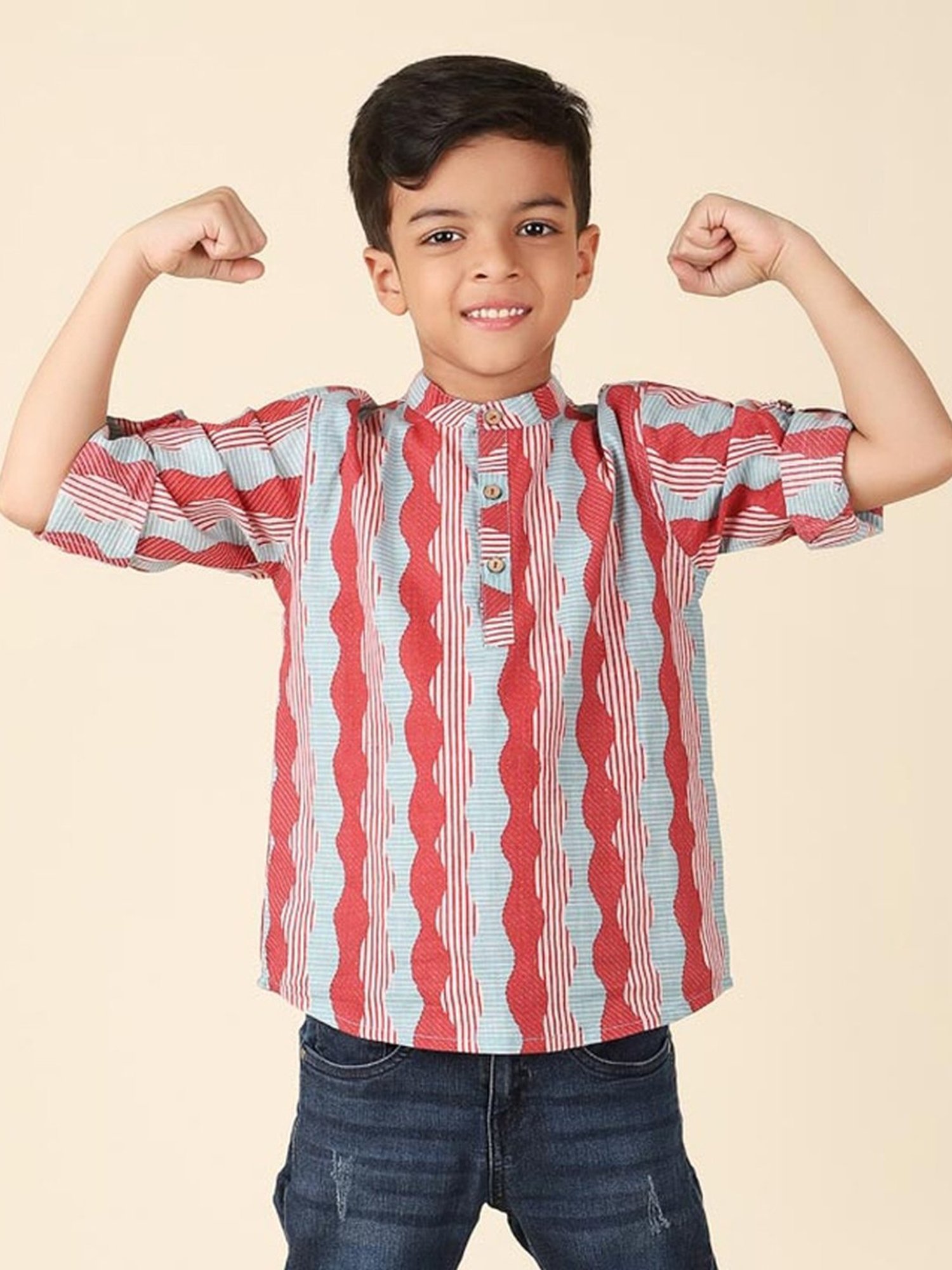 Fabindia Kids Red & Blue Cotton Printed Full Sleeves Kurta
