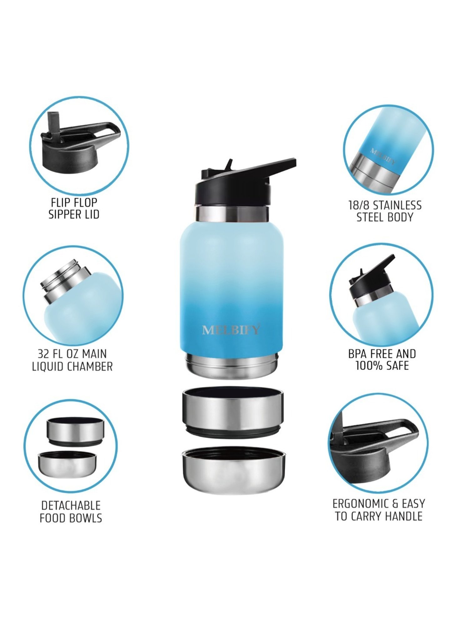 Melbify 2-in-1 Thermos Sipper Blue ThermoSteel Water Bottle (1L)