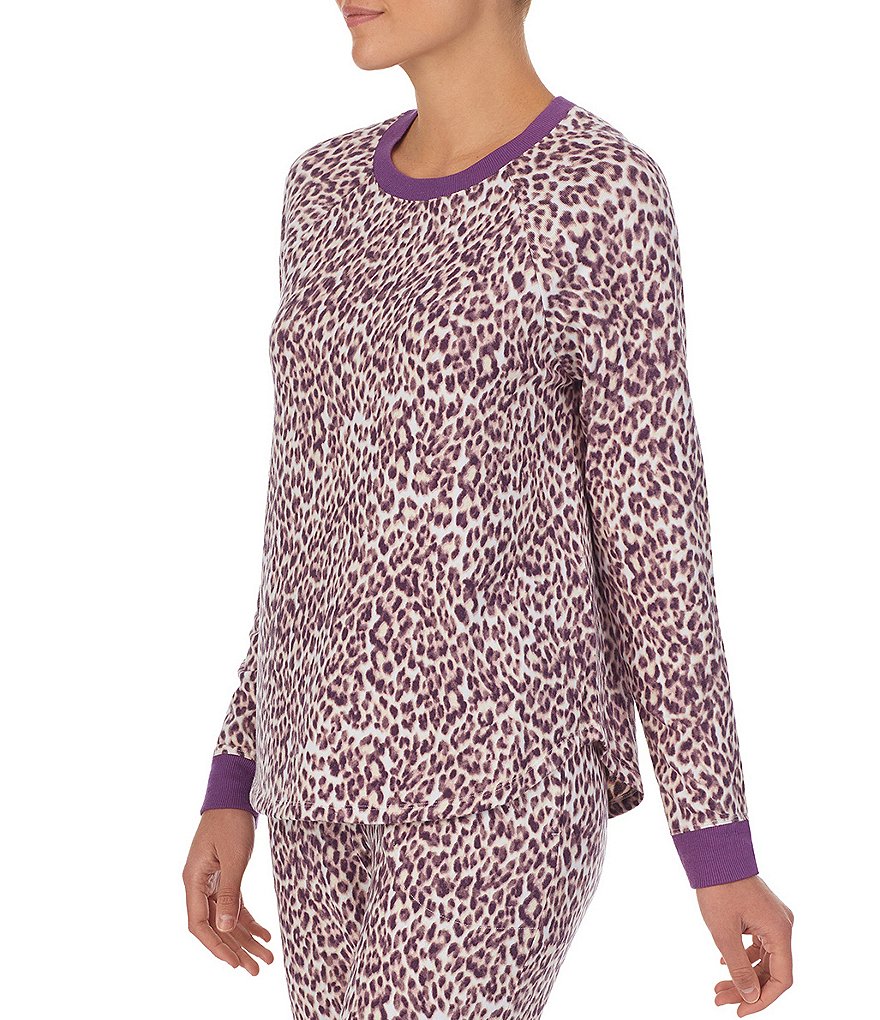 Kensie Jersey Animal Print Knit Crew Neck Long Raglan Sleeve Sleep Top