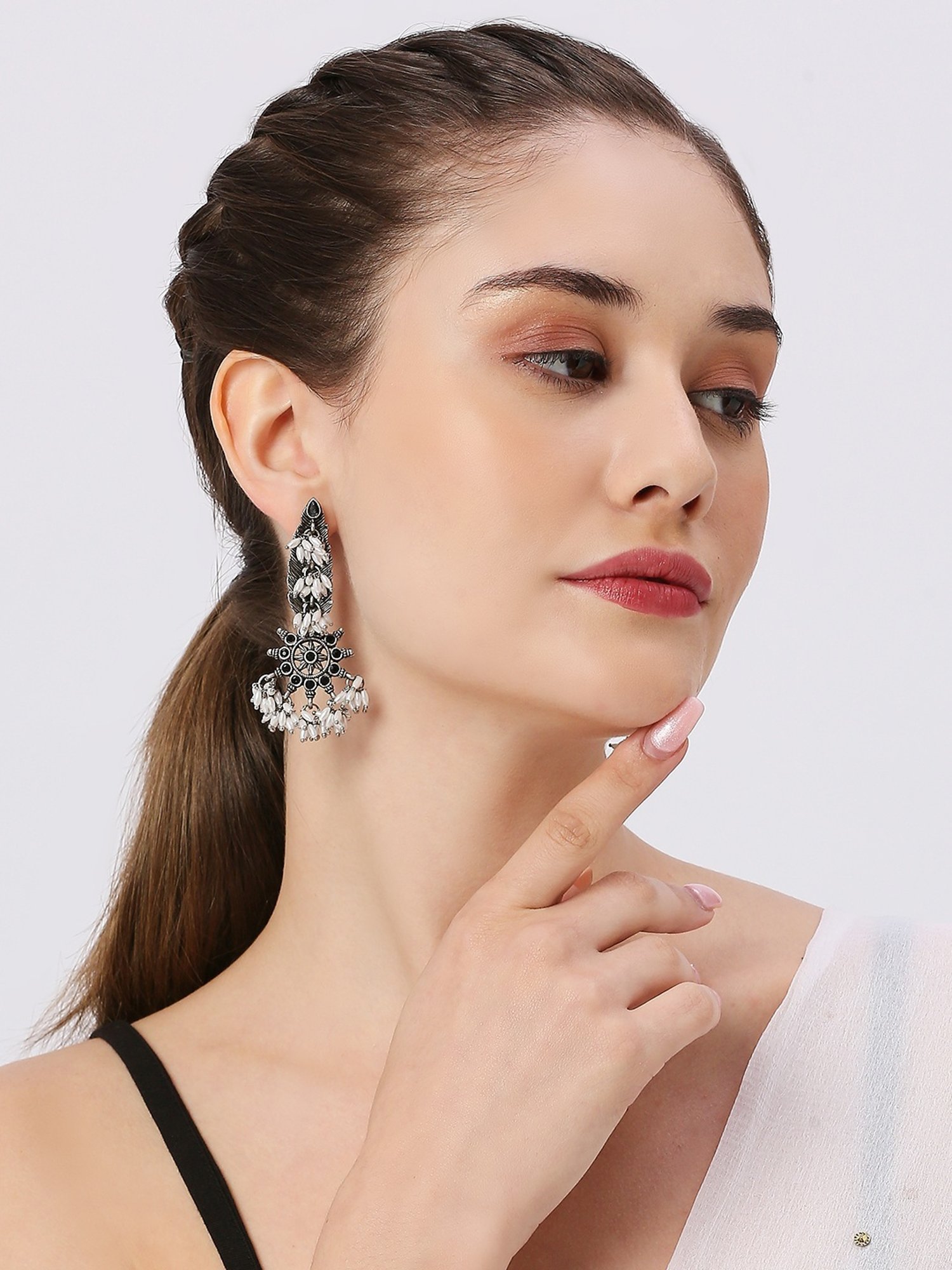 Oomph Jewellery Oxidized Silver Ethnic Silver Look Alike Stones & Pearls Studded Dangler Earrings