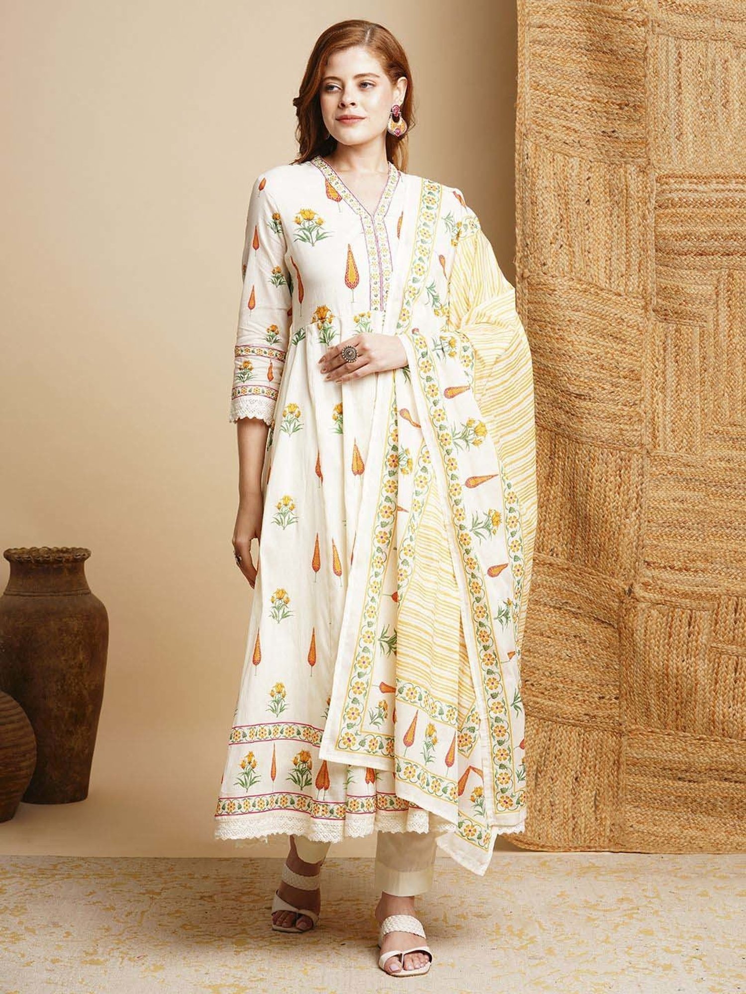 Fashor White Cotton Printed Kurta & Pant Set With Dupatta