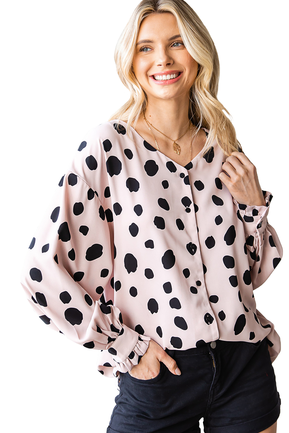 Pink Dot Print Button Frill Cuffs Casual Puff Sleeve Blouse
