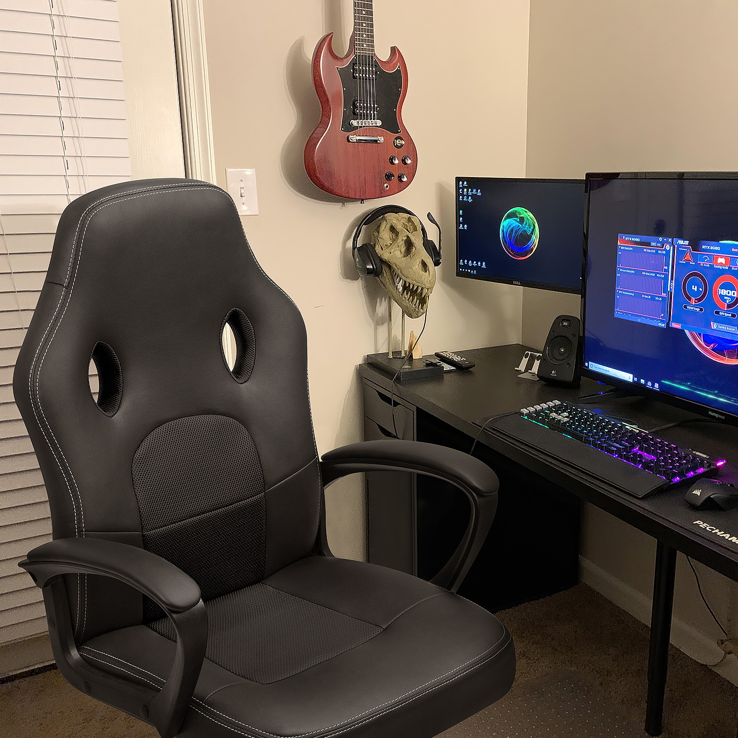 Furmax Office Desk Leather Gaming, High Back Ergonomic Adjustable Racing Task Swivel Executive Computer Chair Headrest and Lumbar Support (Black)