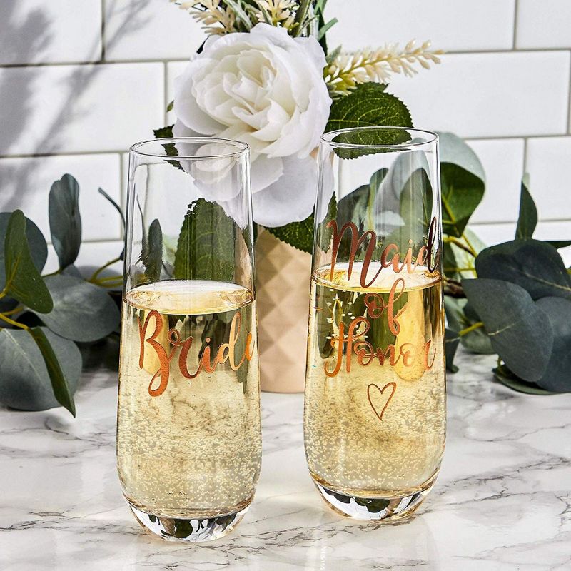 Juvale 2-Pack Rose Gold Glass Bride & Maid of Honor Stemless Champagne Wedding Glasses Flutes, 9.8 oz