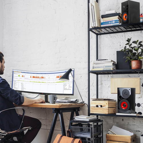 Deco Home DHPAS100 Passive 140W Bookshelf Speaker Set, 5-inch Woofer with Dome Tweeter, Modern Dark Wood Finish with Red Woofer Cone