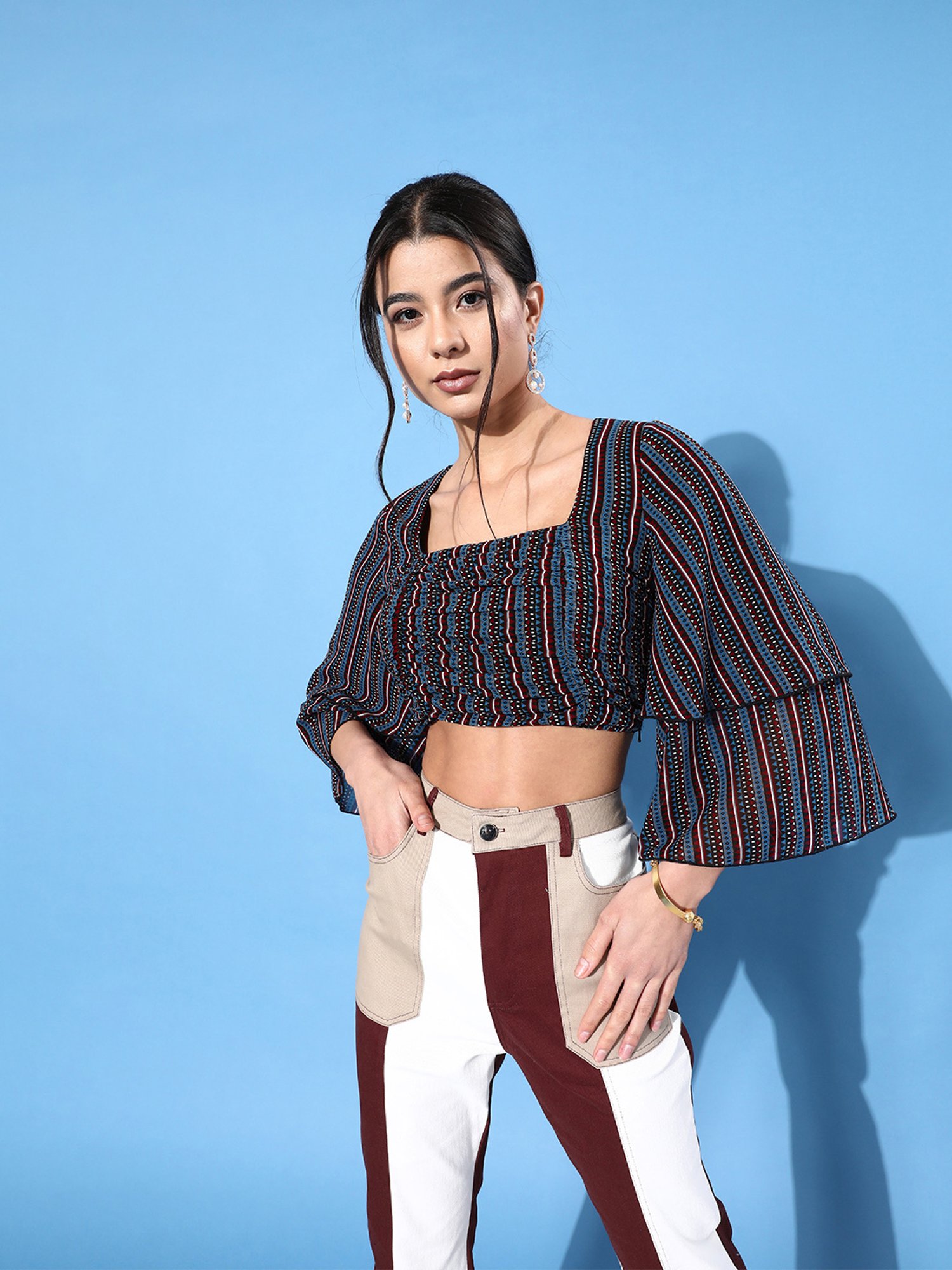 KASSUALLY Navy Printed Crop Top