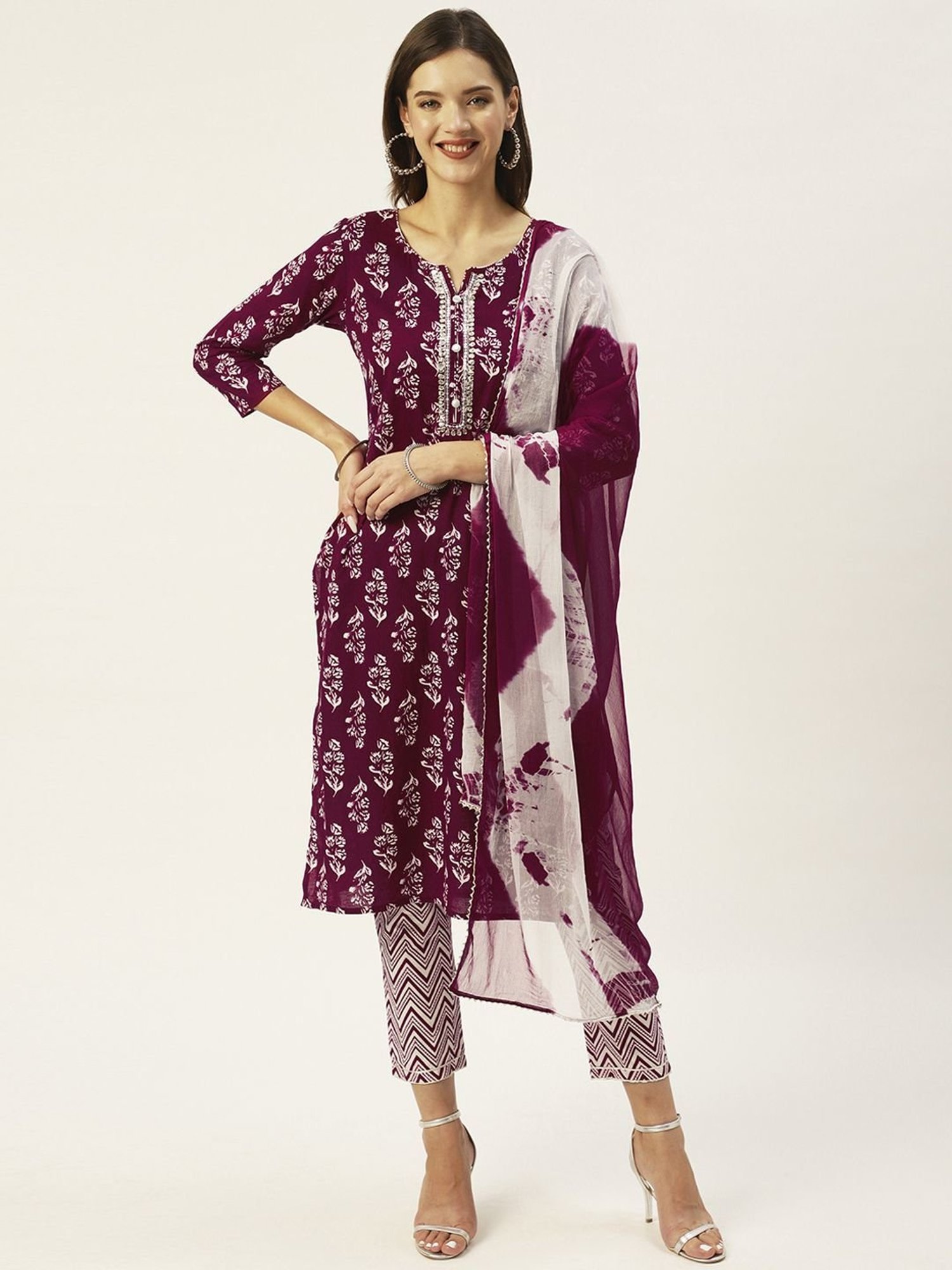 Anubhutee Maroon Cotton Printed Kurta Pant Set With Dupatta