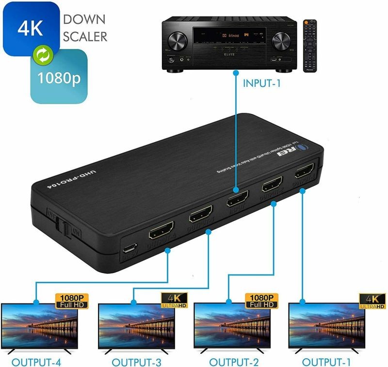 4K 1x4 HDMI Splitter Duplicater by OREI - With Down Scaler 4 Ports with Full Ultra HD, HDCP 2.2, Upto 4K at 60Hz, 1080p & 3D Supports EDID Control - UHD-PRO104
