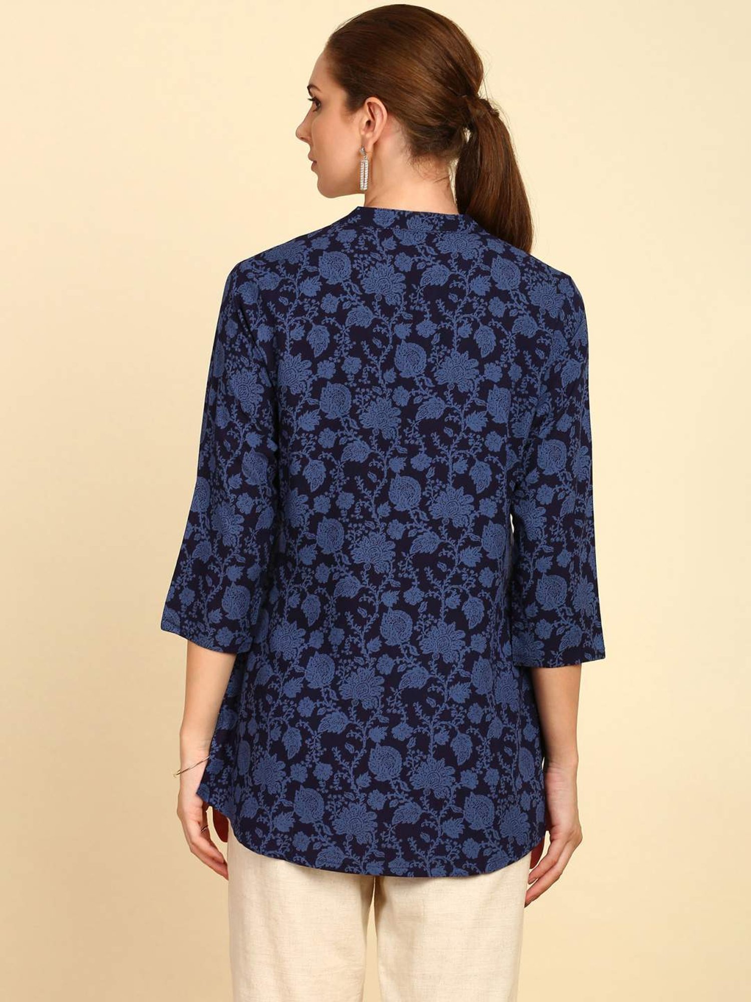 Soch Womens Navy Blue Floral Printed Mandarin Collar Rayon Tunic