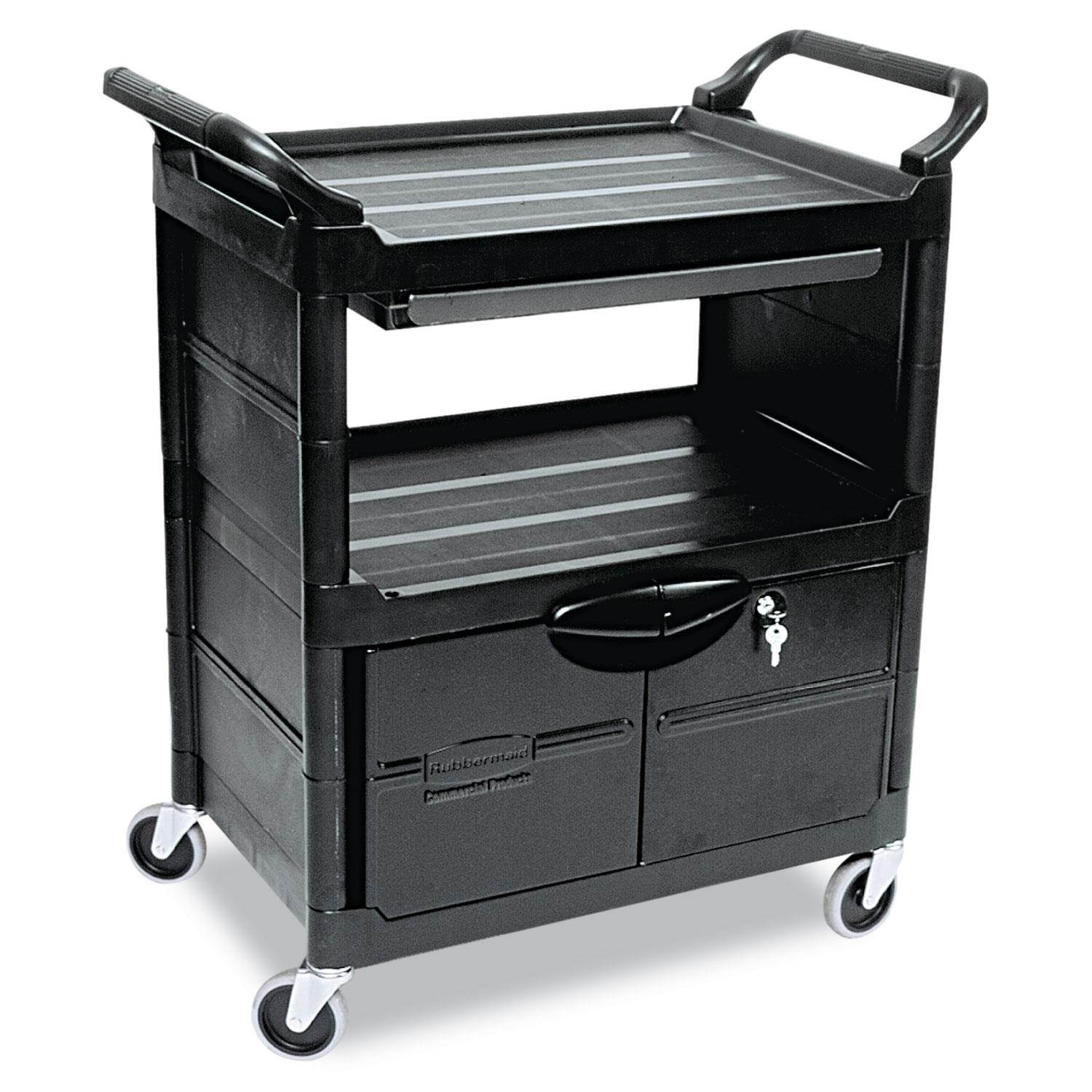 Utility Cart With Locking Doors, Two-Shelf, 33-5/8w X 18-5/8d X 37-3/4h, Black