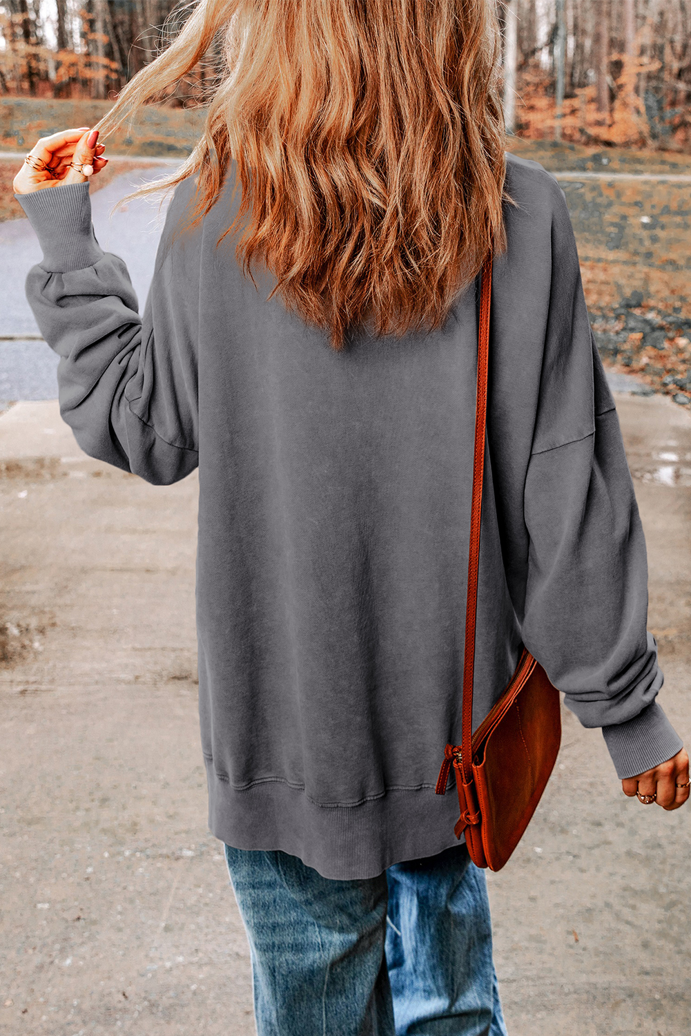 Gray Plain Drop Shoulder Ribbed Trim Oversized Sweatshirt